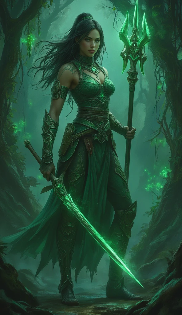 score_9, score_8_up, score_7_up, score_6_up, score_5_up, super closeup portrait. Silhouettes of dark ghostly woman. Perfect hands, capture the essence of nature's mystical beings, armed with elf spear. She stands ready to fight intruders. Glowing eyes. Glowing spear. Forest color palette, drawing with colored pencil style, large strokes, finalized with ink, fine lines