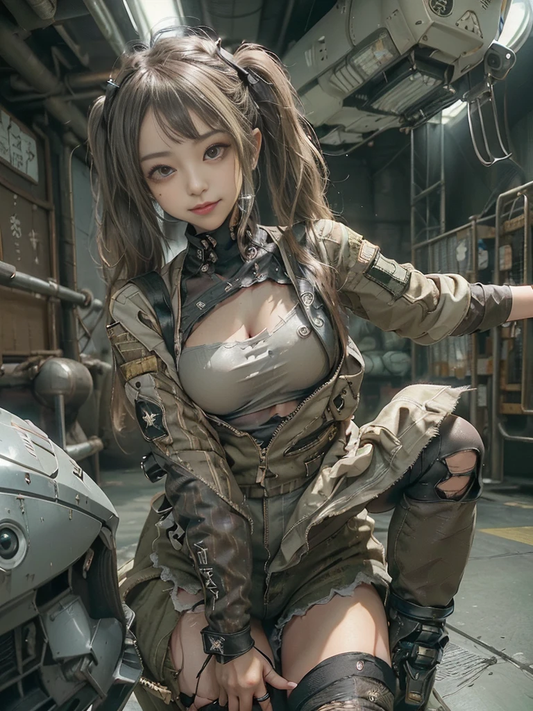(Full Body View:1.2)、(Side view:1.1)、(Please smile with your teeth showing:1.3),(Shibuya Gal:1.5)、(Gothic ta style fashion:1.5)、(Tattered khaki and gray futuristic micro high leg bodysuit:1.5)、(Tattered Khaki and Moss Green Micro Fancy Sleeves:1.5)、(Tattered khaki micro shorts:1.5)、(Brown and khaki knee socks:1.3)、(camouflage:1.3)、(Military jacket:1.4)、Brown boots、Khaki gloves、internal、(The underwear is striped:1.4)、23 years old、(do a gravure pose:1.3)、((Highest quality、8k、masterpiece:1.3))、One girl、The beauty of slim abs:1.3、(Hairstyle Casual、Big Tits:1.1)、dress:1.1、Super small face、Narrow eyes、double eyelid、Laughter、Esbian all over body、Dynamic Angle、Close-up、CPL Filter、Blurred Background、Bokeh、Blue Hour、Detailed face and skin texture、Detailed Eyes,(Twin tails:1.3)、(Brown-golden hair:1.4)、Gravure idol pose、(The background is a person riding a motorcycle:1.3)、(The body is slim:1.2),(Slim legs:1.4),(clavicle:1.1)