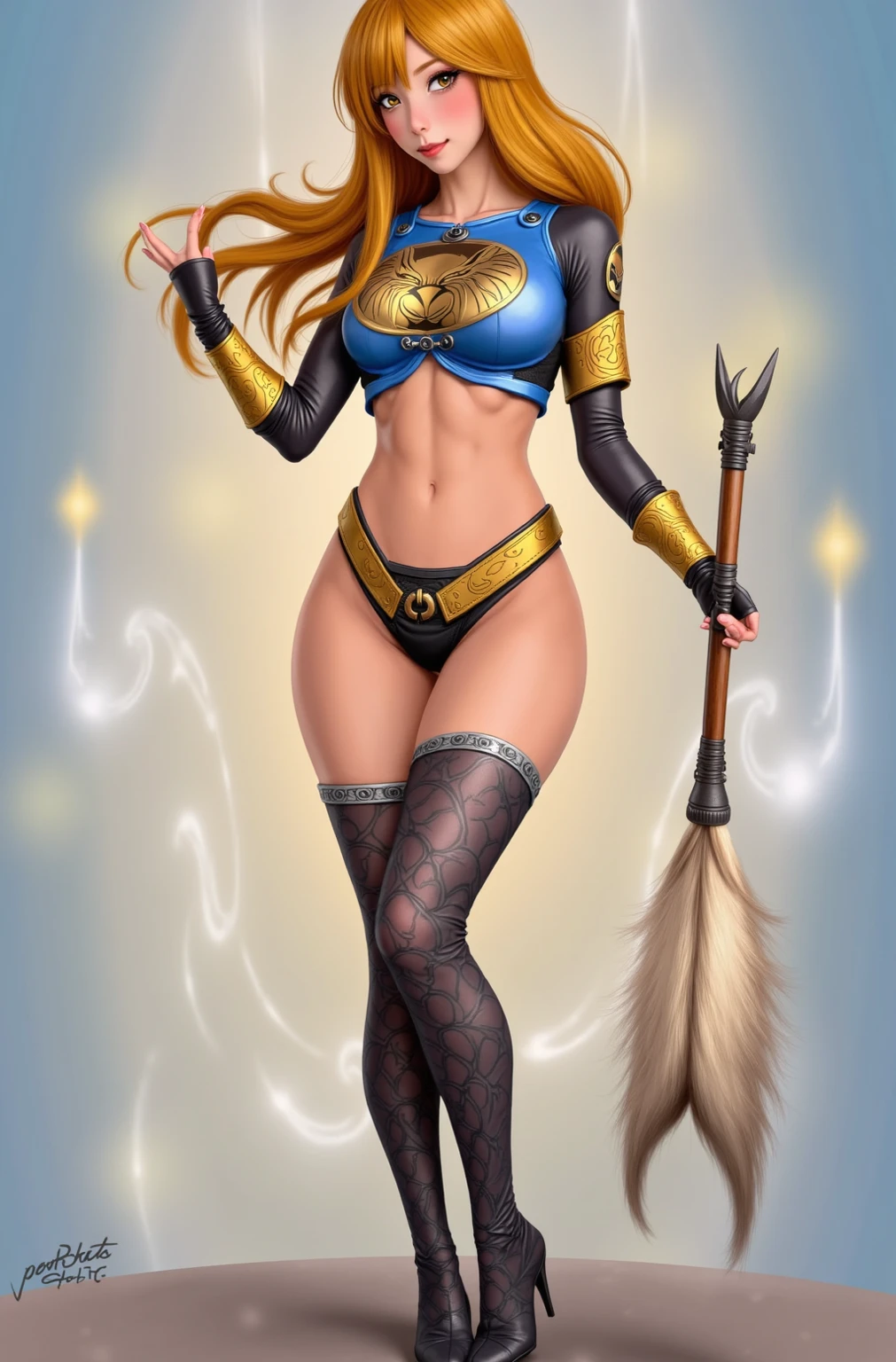 (Obra maestra:1.2), (La mejor calidad:1.2), Perfect lighting, Chica Maga Oscura lanzando un hechizo, In his twenties, flotando en el aire, tetas grandes, escote, blue robe, sombrero grande, desde arriba, Destellos, Yugioh Card en el fondo