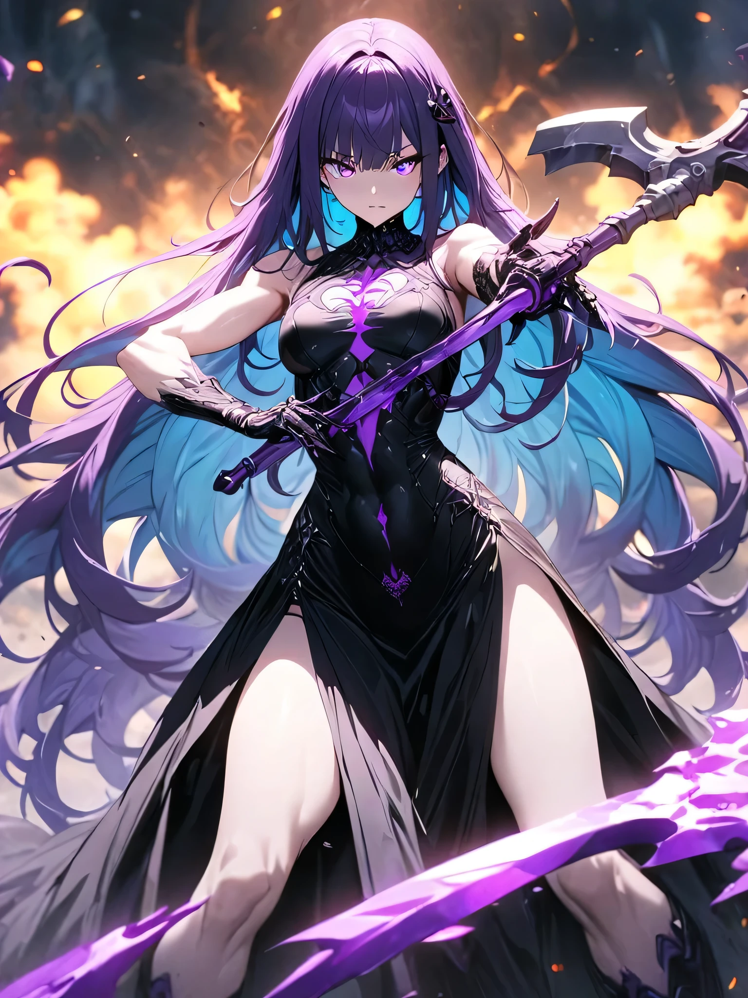 From a low angle below, we gaze upwards at a formidable Black woman, her sword raised above the clouds in a mid-air fighting pose. Her death stare fixes the viewer with unyielding intensity, her eyes glowing blue within a halo of curly hair. A radiant aura of glowing purple energy enshrouds her entire being and her sword, signaling an impending clash. Dressed in resplendent African-designed attire, her silhouette is partially veiled by the atmospheric blur, adding an intriguing layer of mystique.
Beneath the warrior's powerful silver-gray feet, a lush forest comes alive, as