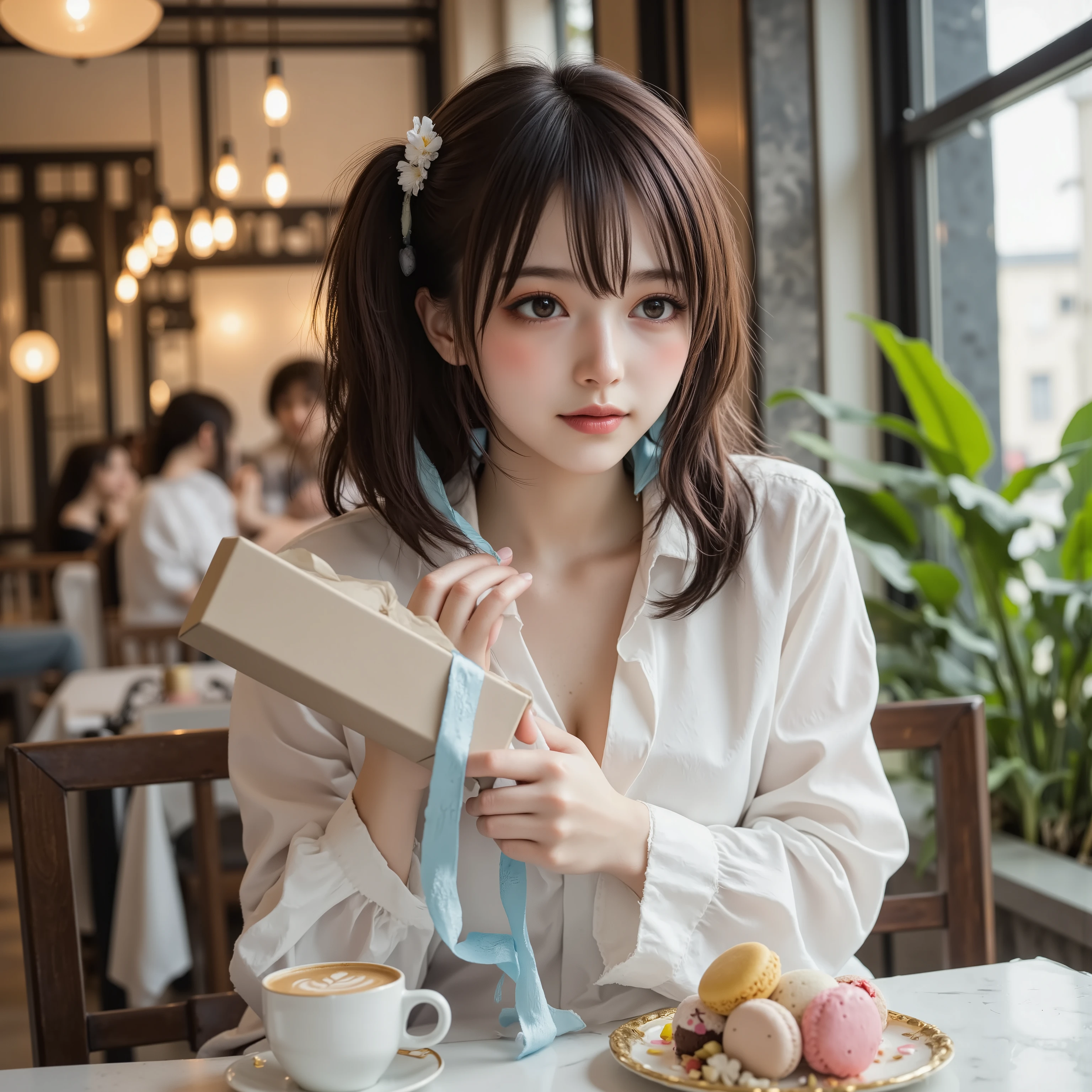 A breathtakingly realistic photograph. A stylish young Japanese female college student,soft wavy hair,no bang brown hair and subtle makeup sits at a table in an elegant cafe receiving a beautifully wrapped White Day gift. The gift is a beige box adorned with a silk blue ribbon reminiscent of high-end boutique packaging. She gently touches the ribbon with her slender hands and gazes at the gift with a natural smile.
The cafe exudes a sophisticated yet cozy atmosphere, with warm indirect lighting from hanging Edison bulbs, wood and marble textures, and lush plants that add a fresh touch. Next to the gift sits an artisanal cappuccino with delicate latte art and a gold-rimmed dessert plate topped with pastel-colored macaroons. The background is softly blurred, creating a bokeh effect with soft light reflections and the casual chatter of other patrons, enhancing the atmosphere.
Shot in **ultra-high resolution 8K, HDR, cinematic lighting**, the lighting on her face and reflective surfaces is dynamic. **Photorealistic depth of field, voluminous lighting, soft shadows, the subtle texture of her skin, and the smooth texture of the fabric and ribbons** enhance the scene. The final composition is a perfect blend of warmth, elegance and realism, making you feel as if time has stood still.