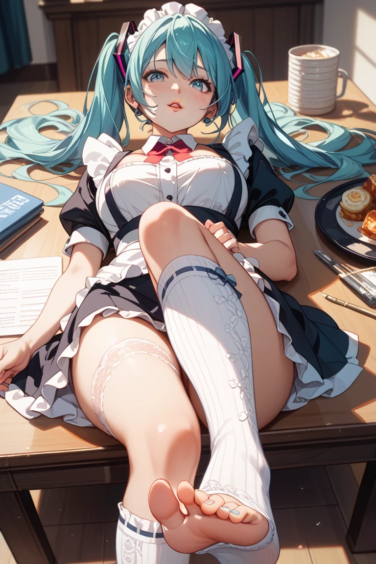 (((anime-style cute face))),(((Hatsune Miku))),Highest quality, (8k, RAW Photos, Highest quality, masterpiece), (extremely detailed 8k wallpaper),Professional Lighting,Sharp focus, Depth of written boundary、Ticker,(((Face close-up)))、(looking at the camera),((((Very embarrassed face))))、Very big eyes、anatomically correct body、Big thighs、Light from the front、The face is bright、Cute big tits、Slightly muscular、(((Revealing maid outfit)))、(The costume fits perfectly)、Nipples、Cleavage、Belly button、(The frilly mini skirt is pink and white)、Shot from above、lure、Lots of sweat、Accentuates body lines、Side Shot:1.4、Full body photography、A luxury hotel room、Fishnet tights、Full Body Tights