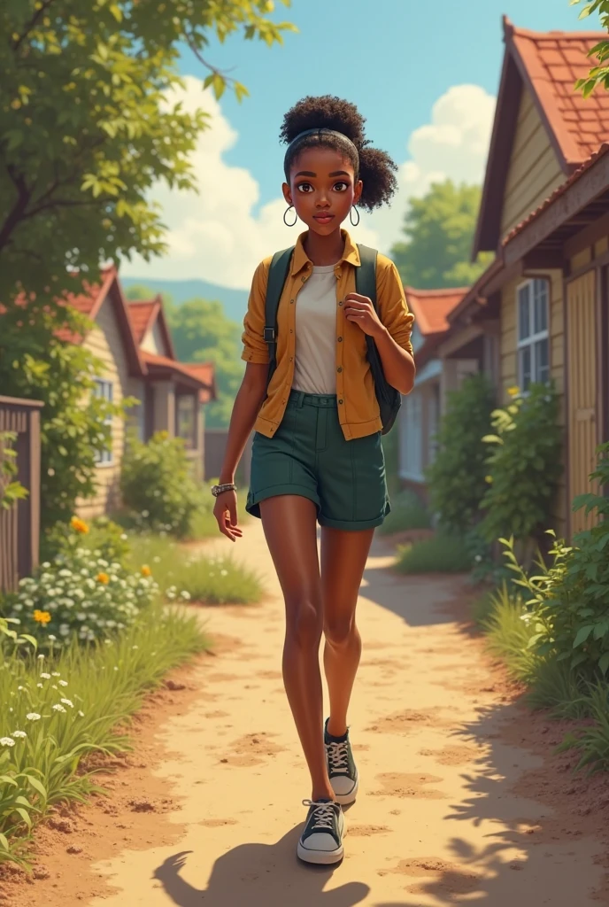 (masterpiece, best quality), deep ebony 1girl, beautiful face, short Afro braids , cute, street clothing, beautify, Lofi vibe,, cute night vibe, concentrated, hands outside of the picture, exploring the nature, forest, , white shirt, brown trousers, not sexy, cute look, clothing is dry and baggy, small breasts, princess vibe, breasts teen vibe