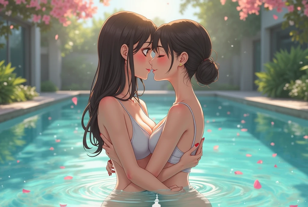 ((top-quality、8K、​masterpiece:1.3))、a beauty girl、Slender body type:1.1、Toned abs、confusing、dark brown hair、hyperdetailed face、Detailed lips、A detailed eye、二重まぶた、Two women having fun by the pool、obscenity:1,2、Metamorphosis:1,2、Lesbian Mika:1,2、Grabbing each other's buttocks、the kiss、red blush、((Wet T-shirt))、shortpants、tre anatomically correct