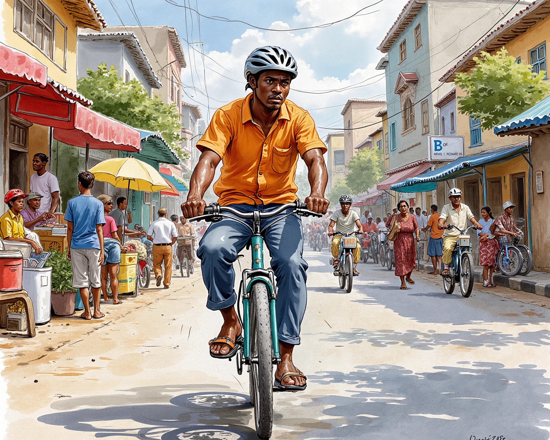 A Nigerian man ridding a bicycle, on the street, wearing helmet
Water color illustration,