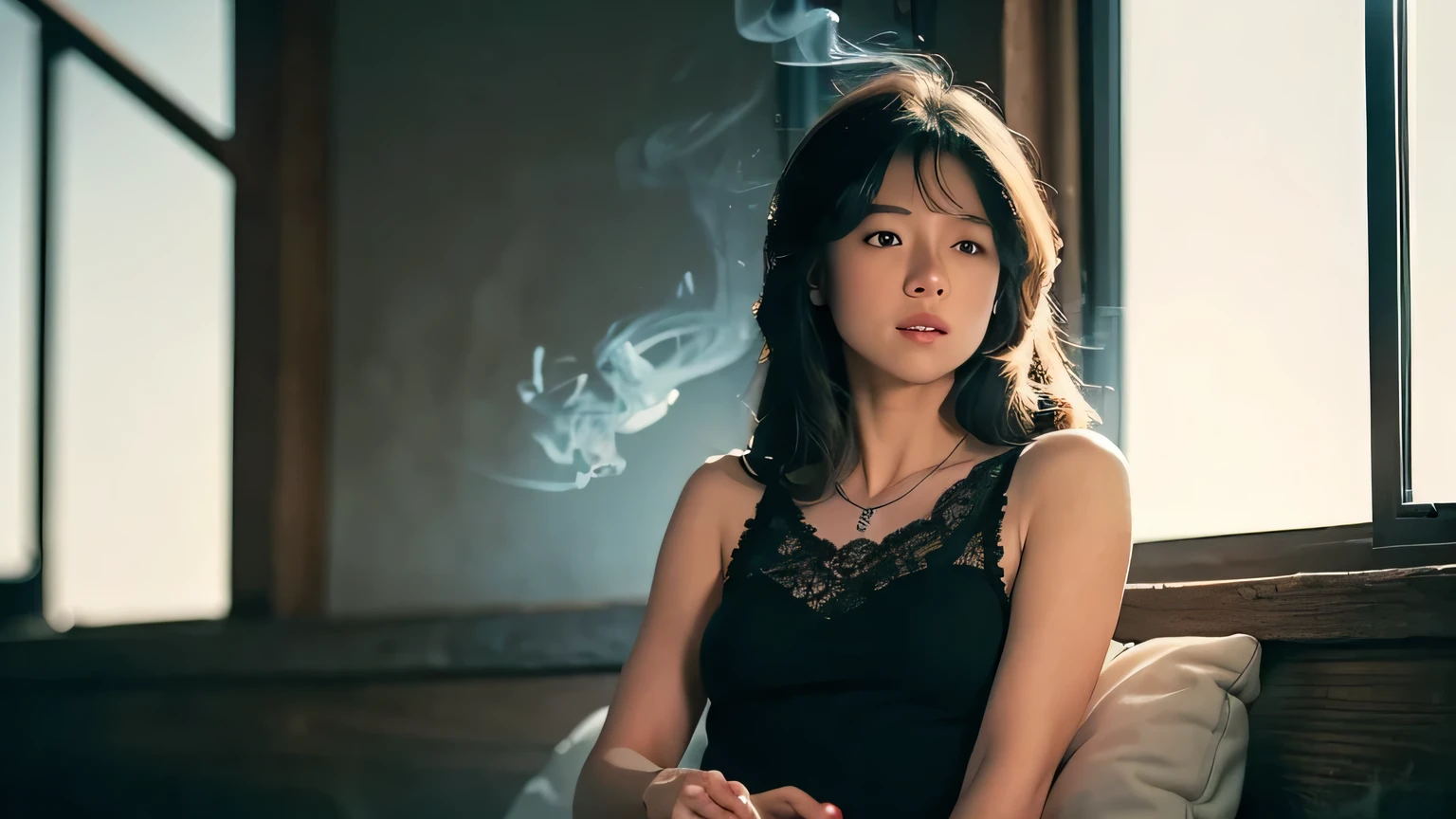 A young japanese woman with long black hair,((flat breast)), (wearing a black lace top and a silver necklace, sits in a dimly lit room), ((Smoking a new cigarette that emits smoke, hand hold the cigarette near her lip )), her eyes Looking at the camera with charming and sexually provocative eyes. The image has a soft, intimate feel, capturing a moment of solitude and relaxation. Photorealistic, portrait style, with a shallow depth of field, low-light conditions, and muted colors. The background is blurred, focusing attention on the subject. The image has a moody and introspective atmosphere,(full body)
