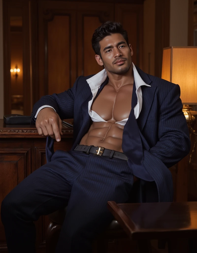 50 years old,Hidetoshi Nakata,(Mouri Kogoro 1.3),Shirtless man standing in office,hairy,Golden necklace,sexy light blue,,fortitude,HD,with a mustache,black stockings,whole body
