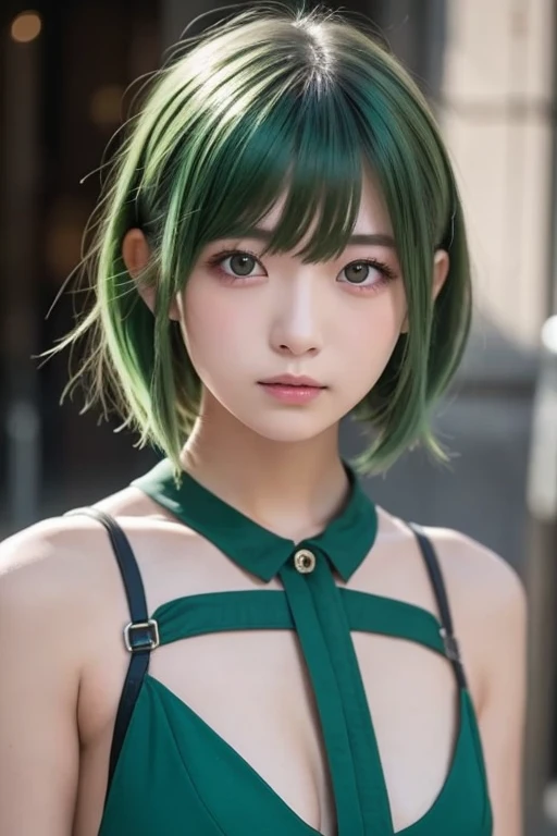 finedetail , Depth of field , (Masterpiece)Best quality , intricately details ,(Masterpiece , Best quality , 8K , CG)lgirl , Short hair , (Black hair and green hair),Rainbow color hair colorful hair,Gradient hair color,(Clear plastic sheath:1.2),Black T-shirt , (simplebackground:1.2) , Shiny , Light granular nevi under the eyes , hair bobbles , Big foam ,鎖骨 , Hair ribbon , Light particles .sunflare