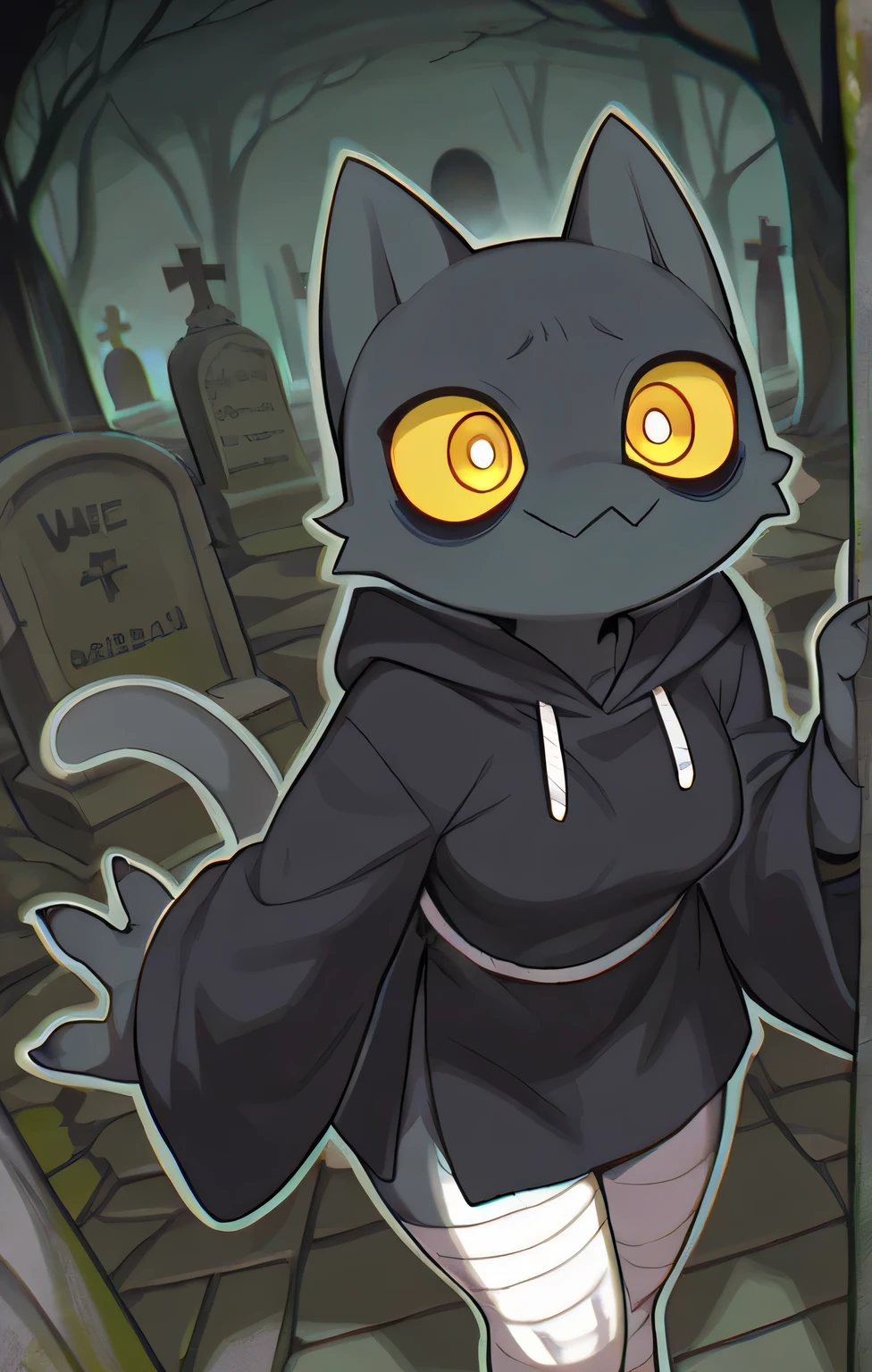  in,  top quality,  masterpiece、 cartoon anime、female furry、 Black Ghost、yellow eyes、I held Cantera、long, thin, bandaged legs、black robe、Underground Cemetery