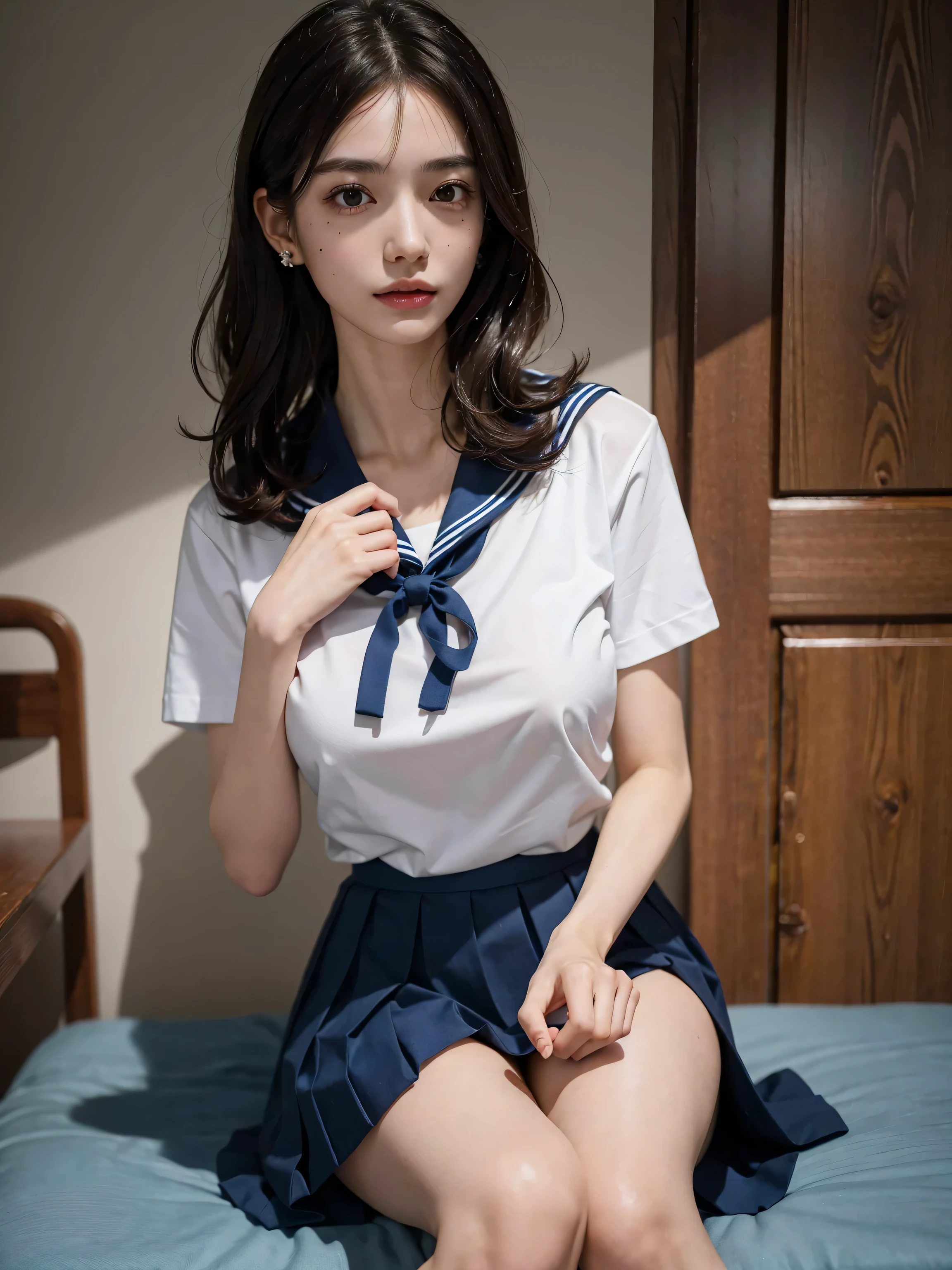 (ultra HD), (White short sleeve shirt, Sailor suit, Navy blue mini skirt, Tight fit), Big Breasts, Slender, whole body, (Clean and shiny skin, Whitening, No makeup), (超Slenderな顔立ち, Super beautiful face, Delicate face), (long hair, Layered Cut, Fluffy hair,light brown), (Patchy double eyelids, Slanted Eyes), Small Nose, Thin lips, Thin legs, Schoolyard