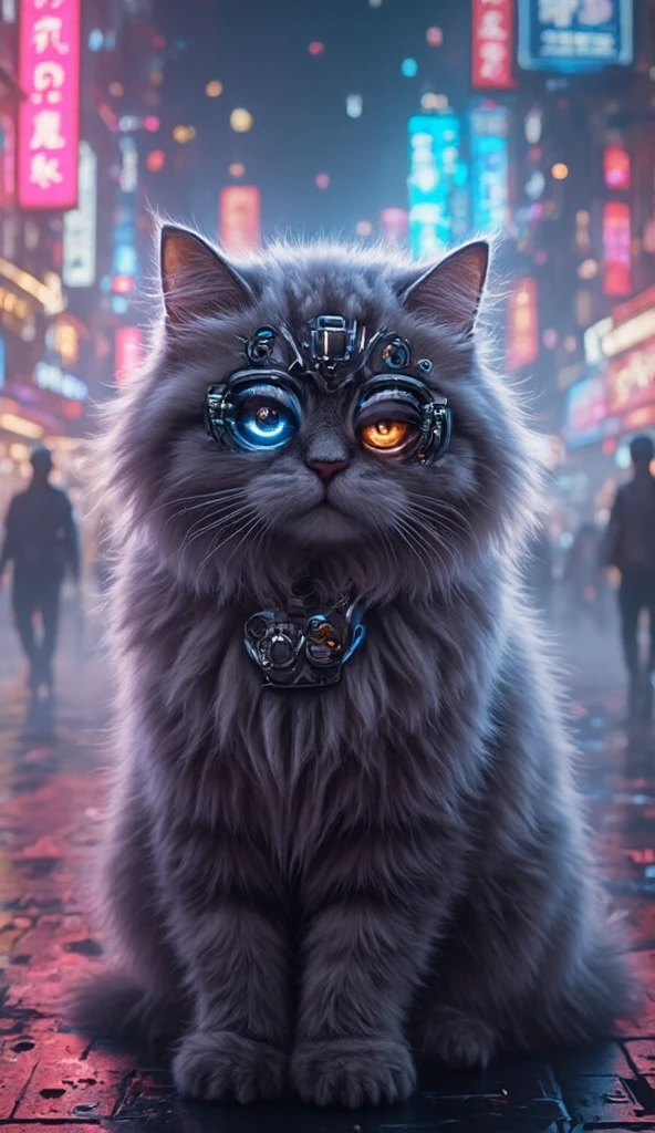 a futuristic fluffy cat, cybernetic eyes, surreal cyber city, various laser neon lights, 8K, ultra-detailed, photorealistic, cinematic lighting, volumetric fog, moody color palette, neon accents, chrome, glowing circuits, mechanical parts, advanced technology