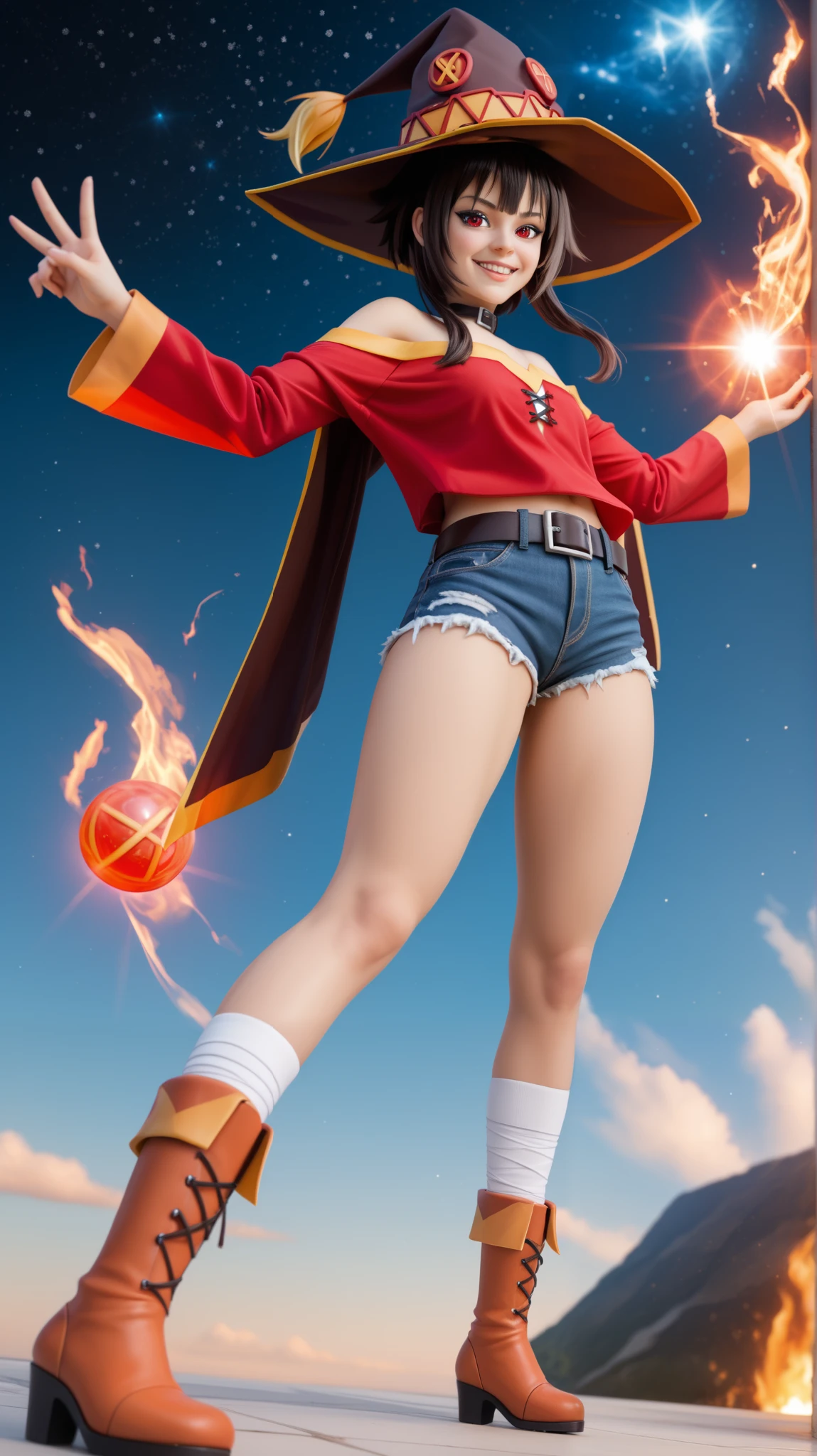 A hyperrealistic, ultra-detailed 8K image of Megumin from Konosuba, striking a dynamic, confident pose, lifting her wizard hat slightly with her left hand while extending her right hand forward in a playful, magical stance.

She wears a modern, stylish outfit: a black off-shoulder long-sleeve top, paired with denim high-waisted shorts with a belt, and knee-high lace-up gladiator heels. Her long, dark brown messy hair flows naturally, and her crimson eyes shine with energy.

Beside her, Chomusuke, her small black cat companion with tiny bat wings, hovers playfully, looking mischievous.

The background features a cosmic, starry sky with floating sparkles and magical energy swirling around them, enhancing the fantasy atmosphere.

Shot with a Sony A7R IV + 85mm f/1.4 lens, using a mid-range action shot perspective, focusing on Megumin’s face, expression, and dynamic pose. Perfect lighting enhances skin textures, hair realism, and intricate outfit details.

--ar 16:9 --v 6 --style raw --q 2 --stylize 750 --tile --hd --upbeta
