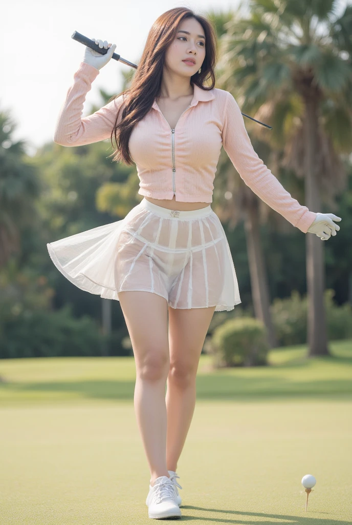 1girl solo, beautiful, (8K, Raw photo, Best Quality:1.2), (Realistic, Photorealsitic:1.37), Ultra-detailed, professional golf player, pale white skin, shiny skin, wet skin, sweating, pony tail hair, wet hair, wet body, big boobs, deep cleavage, nipple poke, booty, deep camel toe, long legs, white thin bra, mini pink layered skirt, white lace thong, white sneakers), (Detailed beautiful face), (Detailed realistic skin), seducimng, confident, spread legs, camel toe, close up on upper body,
(8K, Best Quality, mastepiece:1.2), ( Photorealsitic:1.37), Ultra-detailed,Best Quality, high resolution, Professional Lighting,Physically-based rendering,  photo realistic, dynamic lighting, artstation, poster, volumetric lighting, very detailed faces, 4 k, award winning, vivid lighting, dynamic shot, girl in Golf Competition Venue, depth of fields, Sharp Focus,