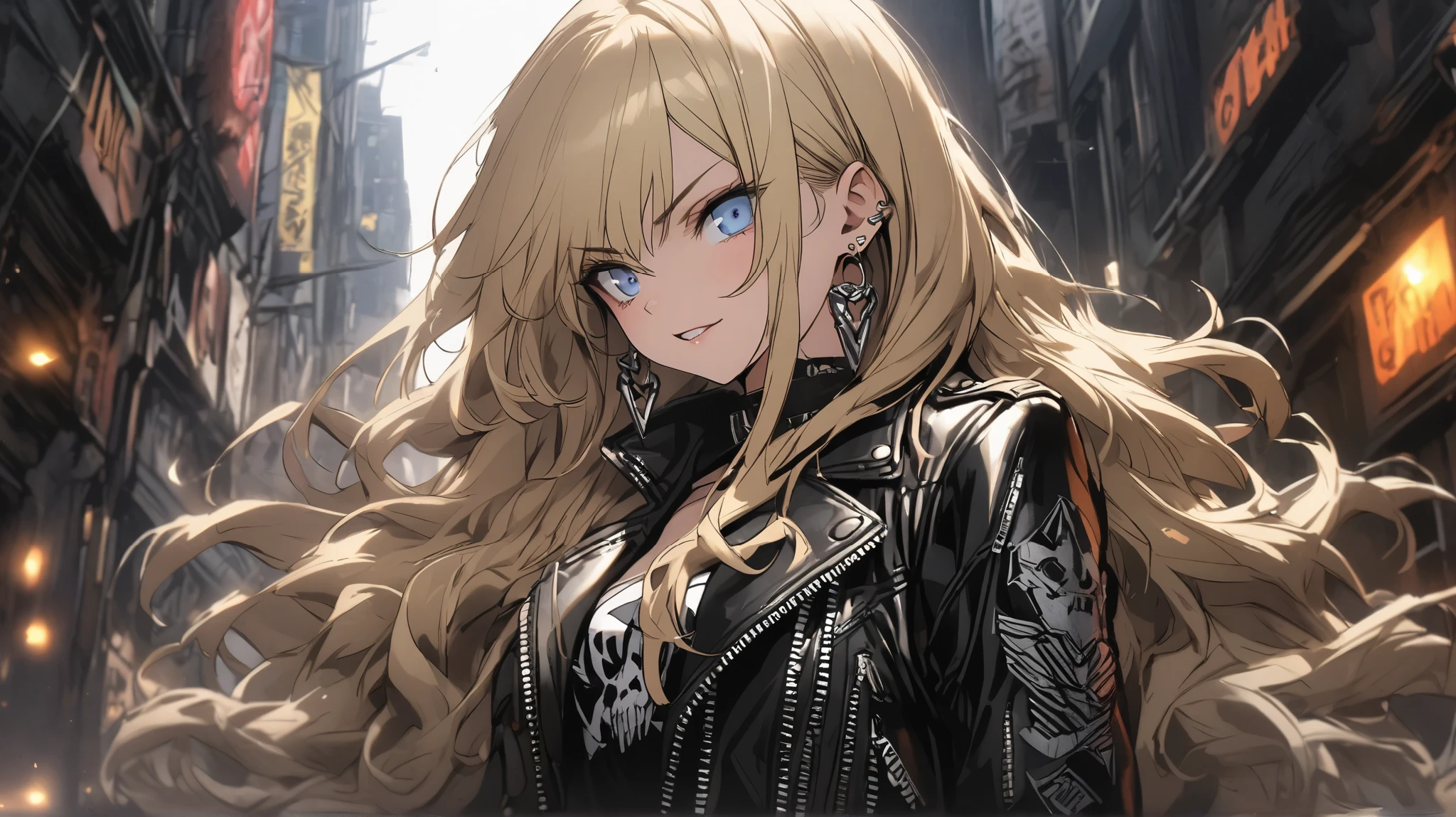 Gal, earrings, long wavy blond hair, blue eyes, leather jacket, heavy metal