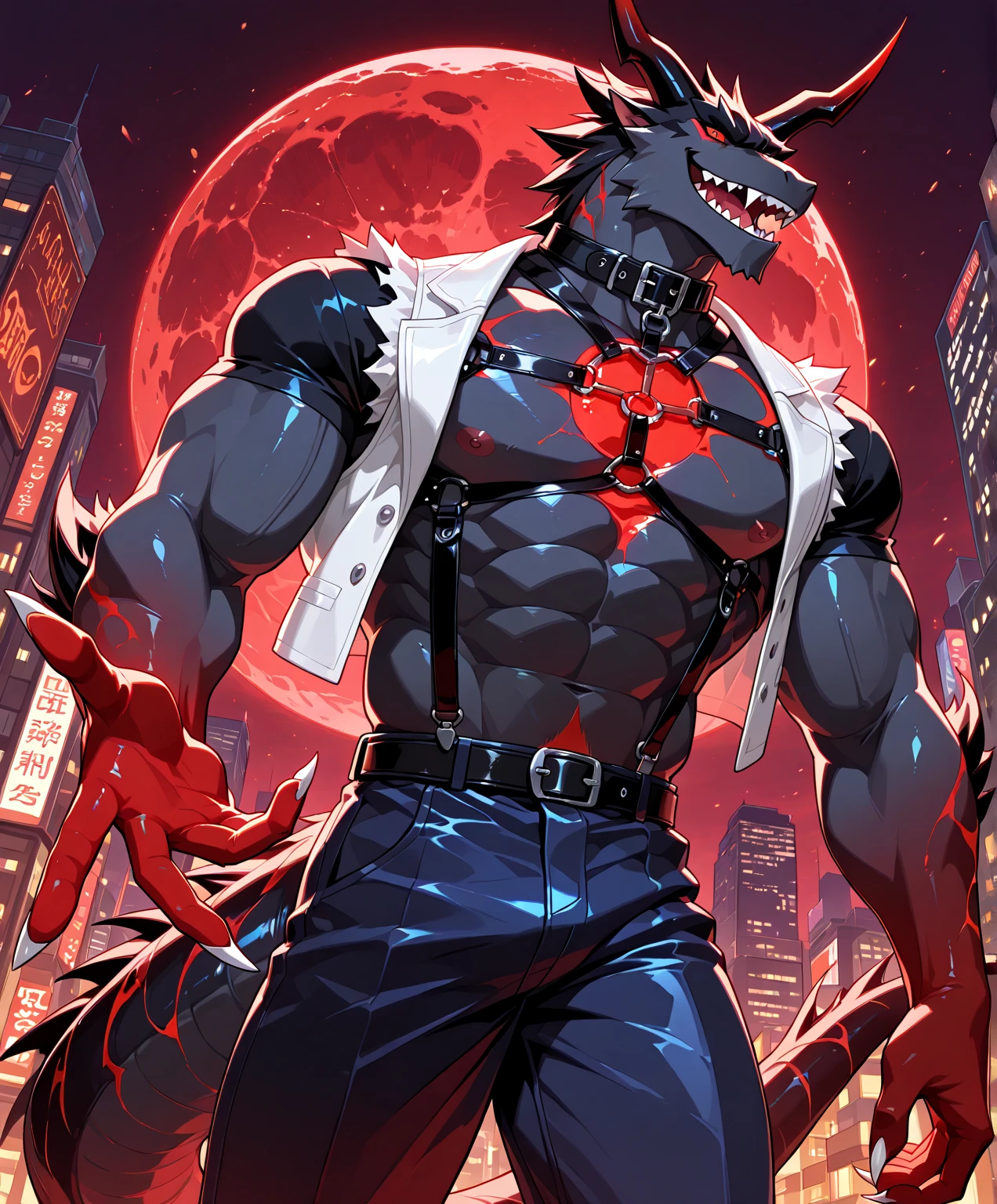 kemono, by null-ghost, by zixiong, furry, solo,masterpiece, perfect anatomy, perfect body part proportionate, detailed picture, proportional wallpaper, 1male, beefy strong, anthro, giant tail, big laugh, happy face, open mouth, sharp eyes, extra beefy muscle body, body, thick large body, seductive aura attraction, two black horns, male, texture scales, (white short sleeve vest over harness, black jeans, belt collar, belt suspenders, open chest:1.2), ((sexy harness)), thick bicep, horns, long arms, white claws, (red sclera, red eyes:1), long thick black back hair, shaded, shadow, (Blood Moon, Midnight, City background, corrupted formed:1.3), (perfect low light), hip hop hand gesture, masterpiece, scalie, Devil_Dinosaur, by dendryte_axxon, detail background, low angle view, shadow fluorescent perspective, closed up view, ((closed view, bust portrait, perfect shot, attention to detail)), contrasting ((Saury_style)), BREAK score_9_up,score_8_up,score_7_up,score_6_up,score_5_up,score_4_up