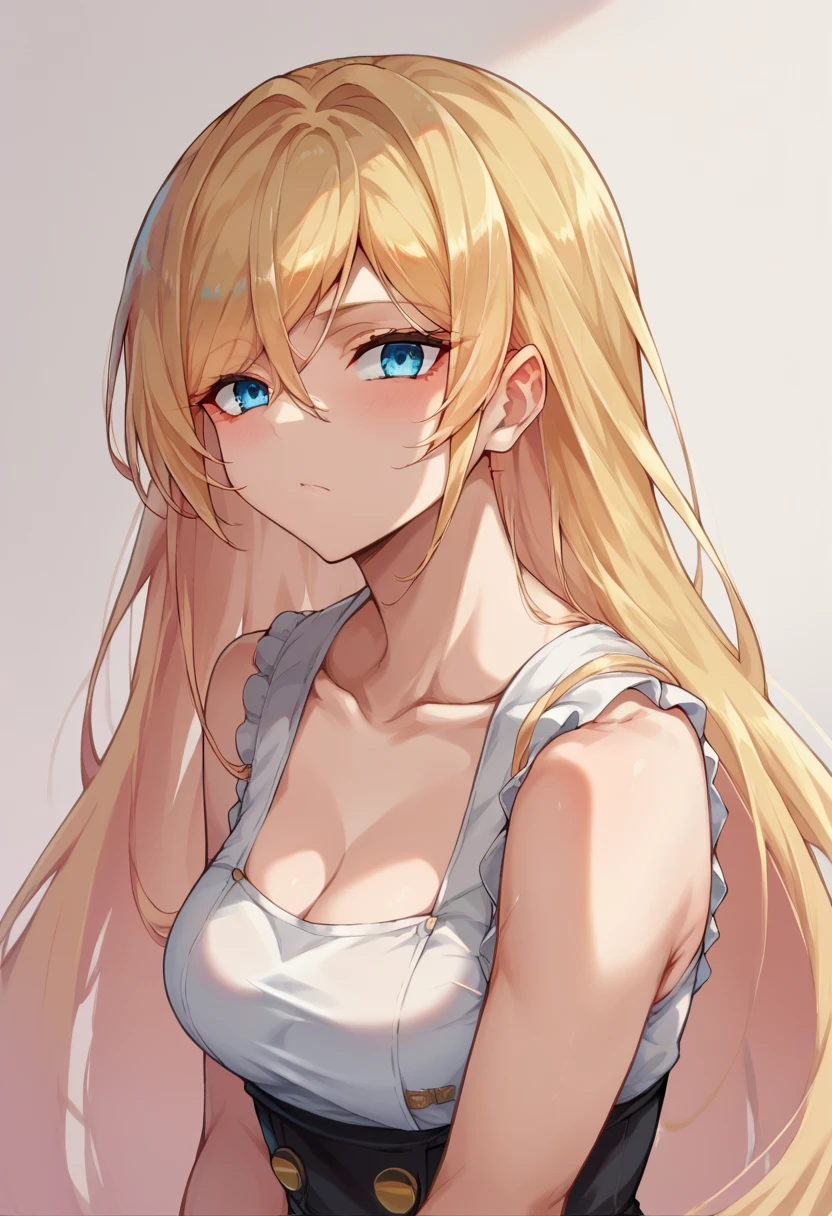 solo, 1girl, strapless, midi dress, simple background, seductive smile, middle breasts, middle hair, blonde