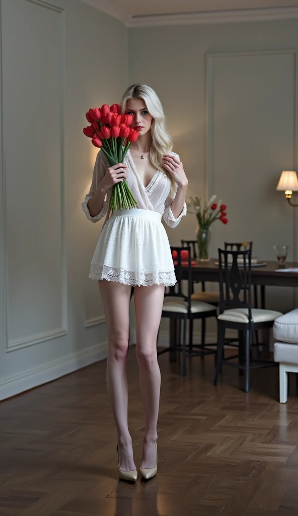 woman, 32 years-old,vintage pin-up,blonde hair,bangs,ponytail,little smile,((((fence soft rose dress printed with white flowers)))),sheer pantyhose,studio lights