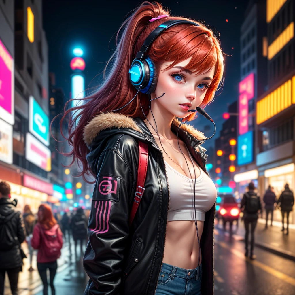 Creative and the greatest work of art of this century. In the center is an extremely beautiful woman (very long and beautiful blue and orange hair). In the background, thousands of scenes run like racing lights, the highest quality, masterpieces, ultra-high resolution, a collection of all kinds of information ((nude) Sex, money, handsome men and women, business, AI, technology, philosophy, life)), ultra-realistic details, a futuristic city full of cutting-edge equipment, 16K, complex cutting-edge equipment, handsome men, beautiful women, an unparalleled information network,