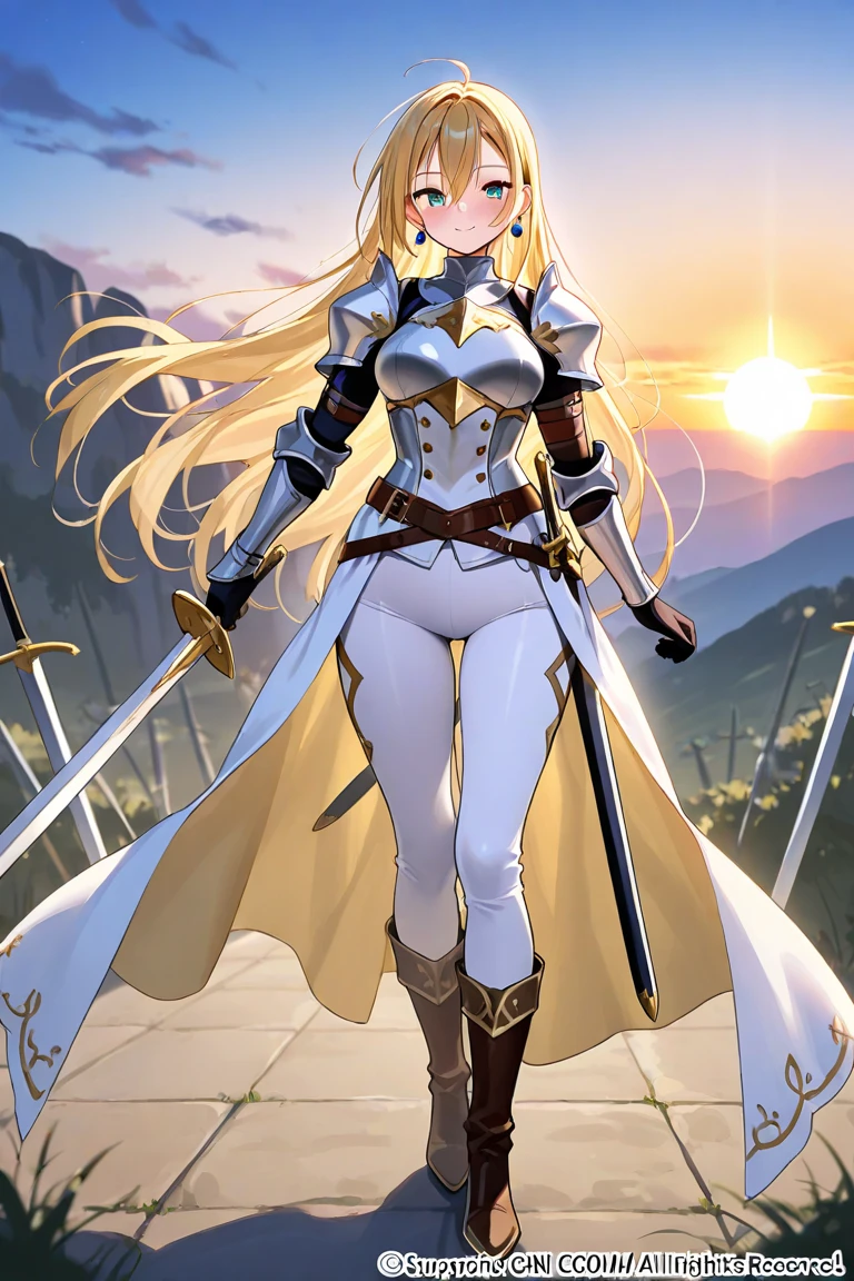 1girl,20s,solo,beautiful girl,horns,long hair,cathyl hair,light blonde hair,gold templar knight armor,((holding a golden sword)),yellow eyes,,Ray Light Glow Lens Flare,((night,night sky,full moon)),angry,dinamic pose