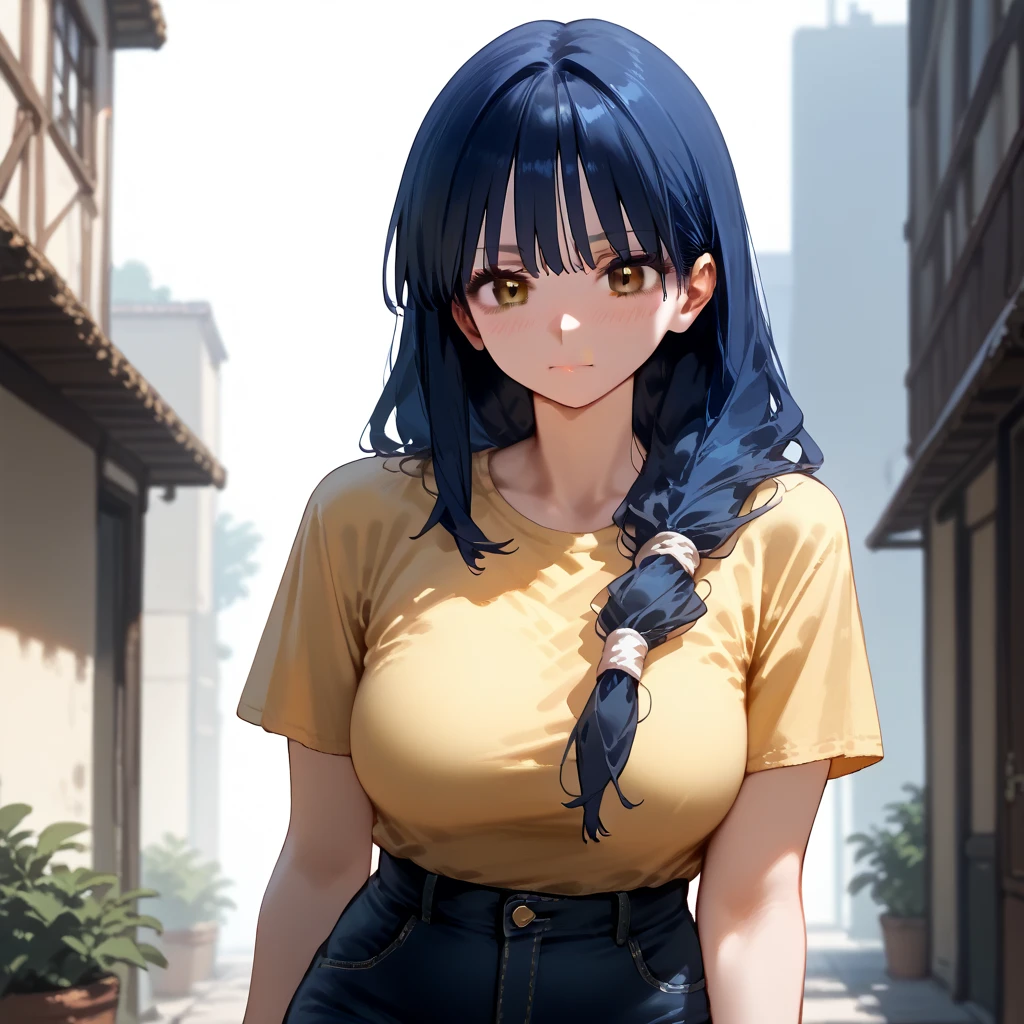 (perfect body XL: 1.5), (perfect body detailed: 1.5), Anime girl-chan, 1girl, blue hair, long hair, brown eyes, mature eyes, narrow eyes, wearing blue jeans and a yellow shirt,