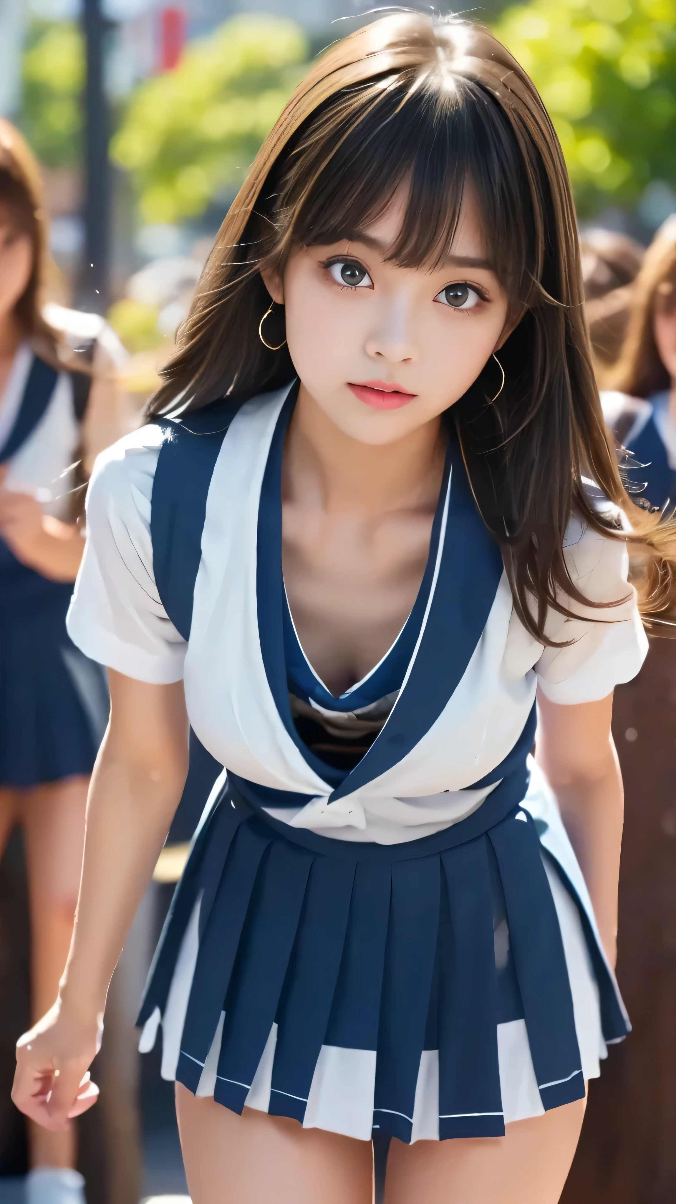 Tokyo, Shibuya Scramble Crossing, crosswalk, (8k, ultra-high resolution, highest quality, masterpiece:1.2), Masterpiece, best quality, illustration, ultra detailed, finely detailed, high resolution, 8k wallpaper, perfect dynamic composition, beautifully detailed eyes, (((She lifted her skirt with both hands to reveal her white panties))), masterpiece, top quality , very detailed, high res,( exists,photo exists:1.37), Anatomically Accurate Stepping Stones , Beauty , Sexy Pin-up Model ,( Well-balanced :1.3),(Background - Harajuku Shopping Street ,Young people々, crowd:1.3), small smile , high school girl,(Watch :1.3),( focus on thighs:1.4),(The blue high school girl's uniform,Japanese high school girl's sailor uniform:1.4), tie, shirt, blazer, Cardigan ,Deep waistline,( Blue ultra-short micro miniskirt :1.4), earrings, necklace, stylish bag, beautiful face, cute type,, slightly rounded face with many legs raised , big eyes, beautiful eyes, dark gray eyes ,Obvious double, small and cute nose, glossy lips, big natural colored lips,( Popular Long Hair ), asymmetrical bangs that grab her chest ,Beautiful Bangs, Character Emphasis , tilt your neck,The best light, Best Shadow, mystery in another dimension , Perfect Face, very detailed, dark circles under eyes ,(Growing Skin , sweaty :1.2),( beautiful legs, thighs , train on the platform of a high school girl , big breasted),( expresses the roundness and softness of the bust ..........1), beautiful body,(Perfect Woman),feet,( Well-balanced model-like figure:1.4),(Active and lively energetic high school girl:1.4)