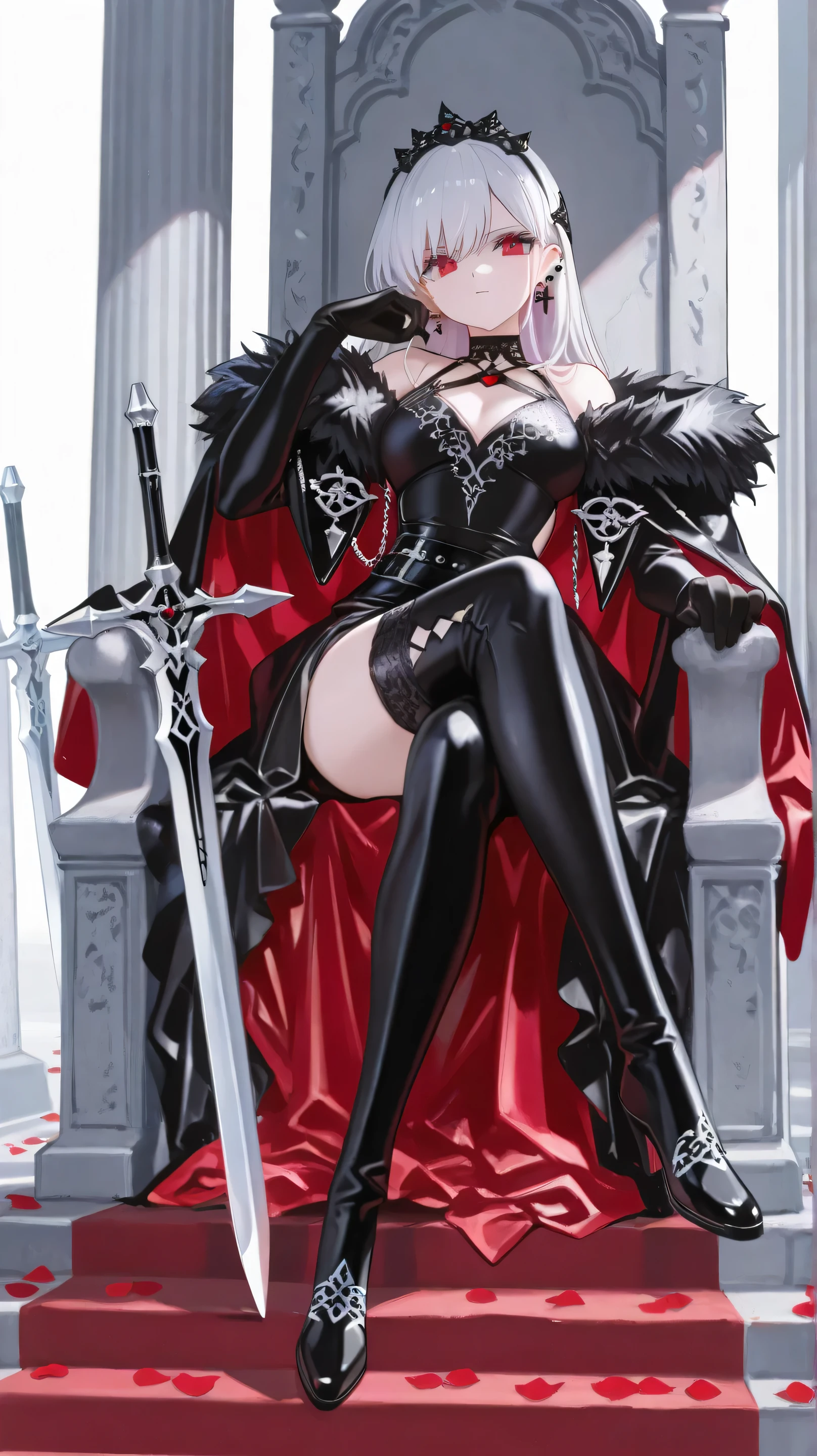 ((best quality)), ((masterpiece)), (detailed), 1girl, Character design, female, dynamic poses, long white grey hair, grey white eyes, very skinny, detailed, best quality, no accesoires around the neck, no shoes, prominent collarbones, skinny arms, flat stomach, visible hip bones, full body, blank white background, plain background, white background, red and white clothing, Bloodborne inspired, occult aesthetic, occult, detailed and intricate steampunk and detailed gothic, NSFW, Very dramatic and cinematic lighting, cosmic horror, grim-dark, side-lighting, perfect face, NSFW, Fluttering lace flared long knee length dress with frilly petticoats, knee length dress, pleated petticoats, petticoats gothic, complex lace boots, side-lighting, gothic aesthetic, wielding a mighty sword with mechanical components, mandalas, small breasts, a fairy, various different types of insect wings, NSFW, full body, whole body, body, plain background, white background, blank background, no background, white background NSFW, chains, full body, whole body, head-to-toe NSFW