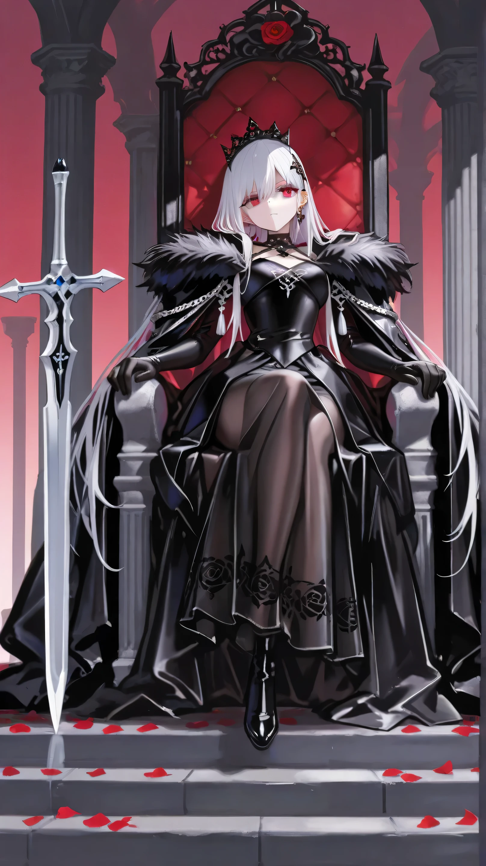 Masterpiece, Best Quality, Top Quality, Very Detailed, A powerful and alluring dark queen sits confidently on an ornate gothic throne, surrounded by towering stone pillars bathed in soft ethereal light. She wears an elegant black ensemble with intricate armor details, fur accents, and crimson rose petals falling around her. Her piercing red eyes shine beneath a black ornate headpiece, exuding dominance and mystery. One hand firmly grips a sleek, silver sword, symbolizing her authority, while her poised expression suggests both elegance and danger. The scene is a perfect blend of dark fantasy and royal majesty, evoking an aura of command and sophistication.