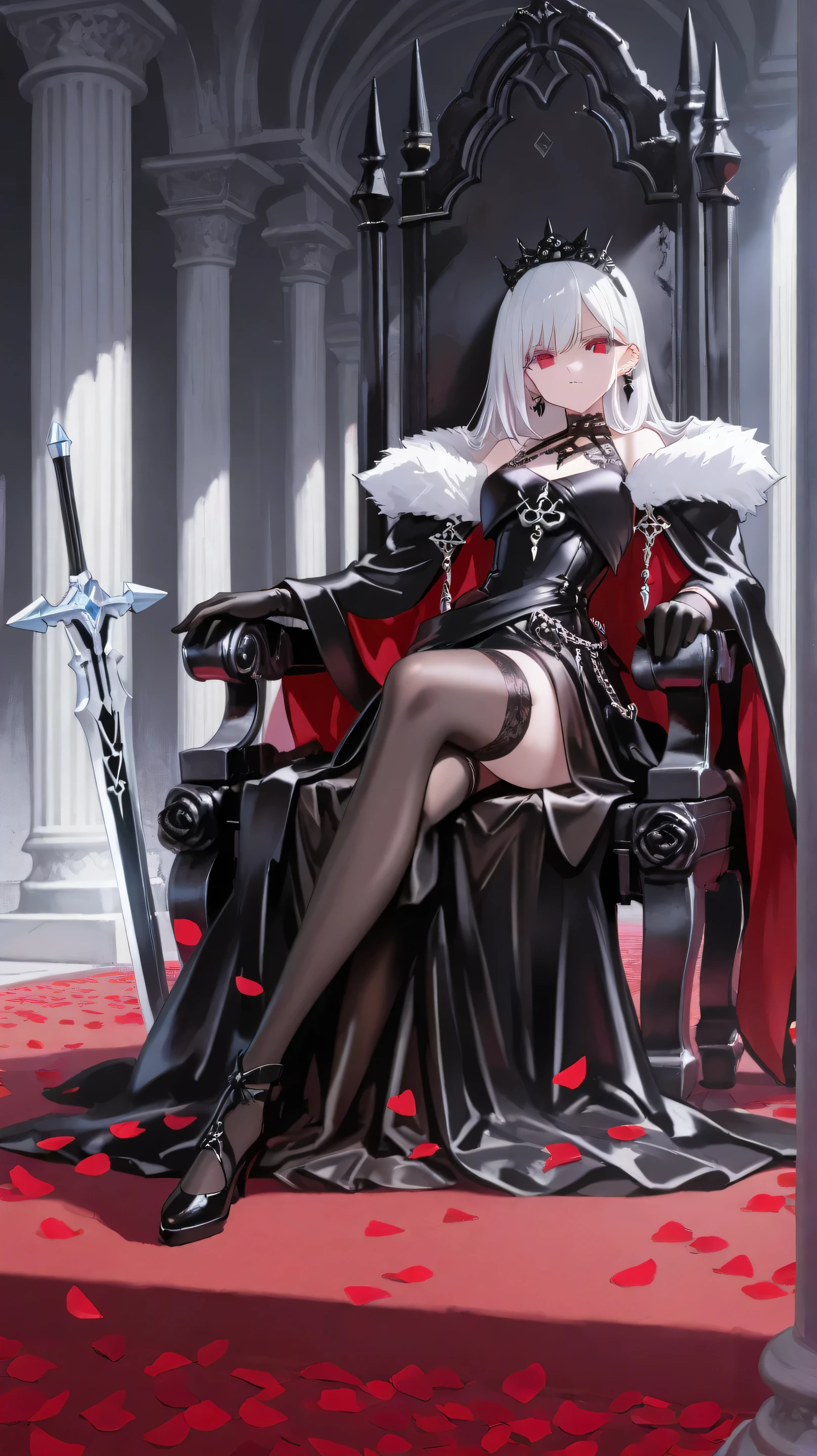 Masterpiece, Best Quality, Top Quality, Very Detailed, A powerful and alluring dark queen sits confidently on an ornate gothic throne, surrounded by towering stone pillars bathed in soft ethereal light. She wears an elegant black ensemble with intricate armor details, fur accents, and crimson rose petals falling around her. Her piercing red eyes shine beneath a black ornate headpiece, exuding dominance and mystery. One hand firmly grips a sleek, silver sword, symbolizing her authority, while her poised expression suggests both elegance and danger. The scene is a perfect blend of dark fantasy and royal majesty, evoking an aura of command and sophistication.
