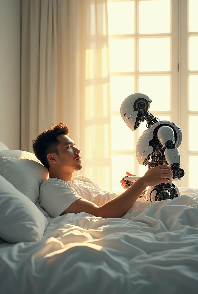 A man is sleeping with a female robot in a bedroom, city.