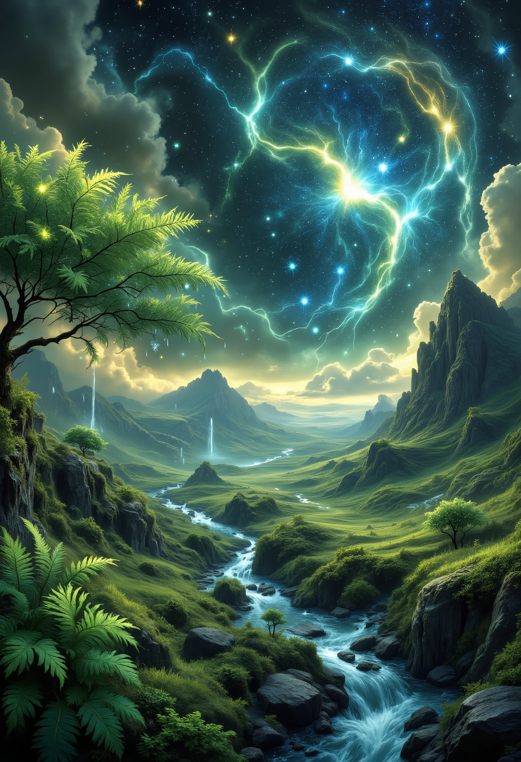 Beautiful Amazing Fantasy, A world where Beautiful Ferns shed Tears on starry earth, creating a beautiful world, flowing rivers create a pattern on the earth's surface from afar, magical streams of water, clouds give off beautiful colors, Very delicately, high quality, Masterpiece , wallpaper, best quality, maximum details, 8 k,