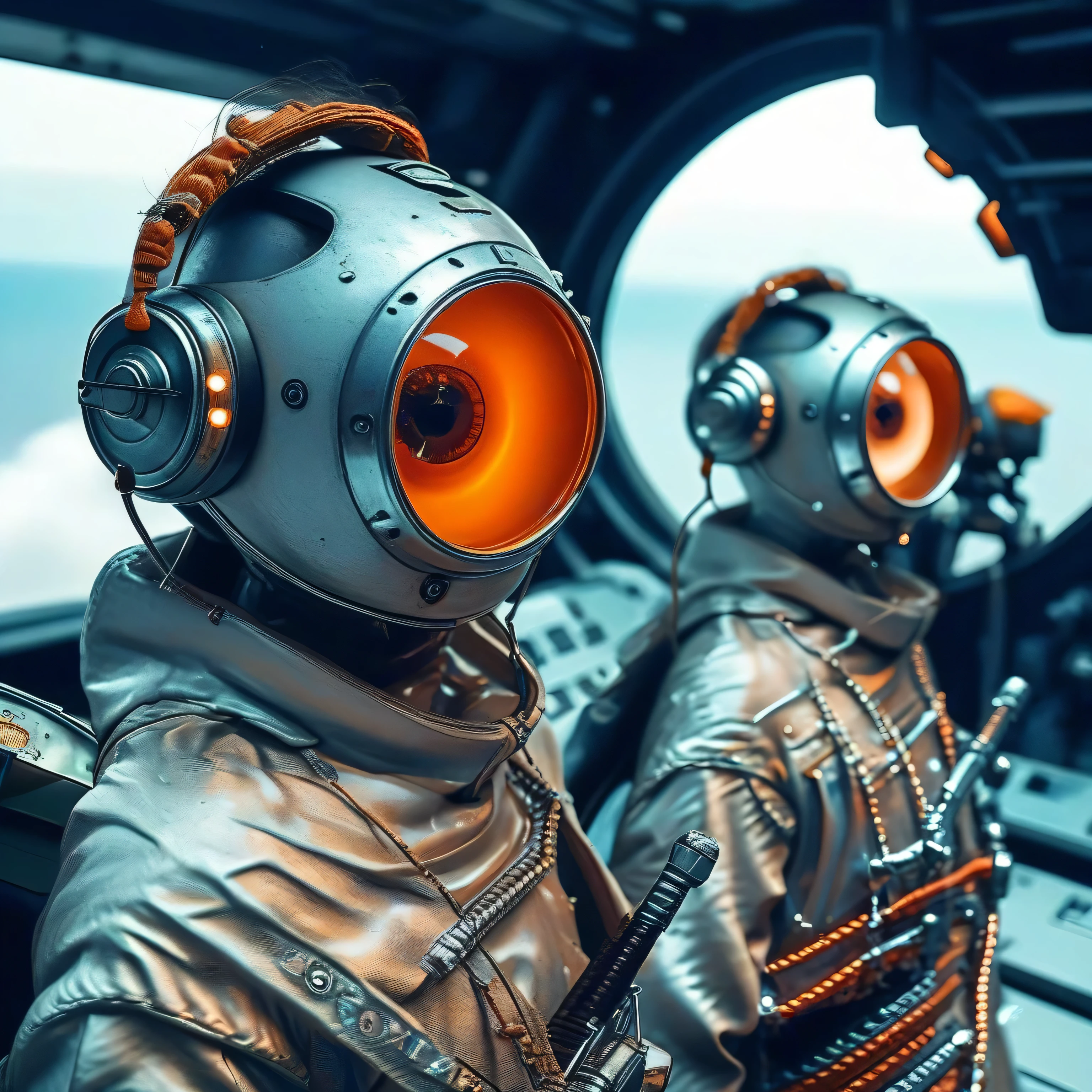 Two samurai warriors clash in the vastness of space, floating weightlessly with the aid of jet packs. Their astronaut suits are intricately designed to resemble ancient Japanese armor, blending futuristic technology with traditional warrior aesthetics. Their bulky, rounded helmets reflect the cosmic void, while their glowing katanas—one burning with fiery red, the other with an icy blue—illuminate the battlefield. Each strike sends bursts of energy shimmering through the darkness as they maneuver with precision, their jet packs propelling them through the surreal, otherworldly duel against a backdrop of distant stars and a looming space station.