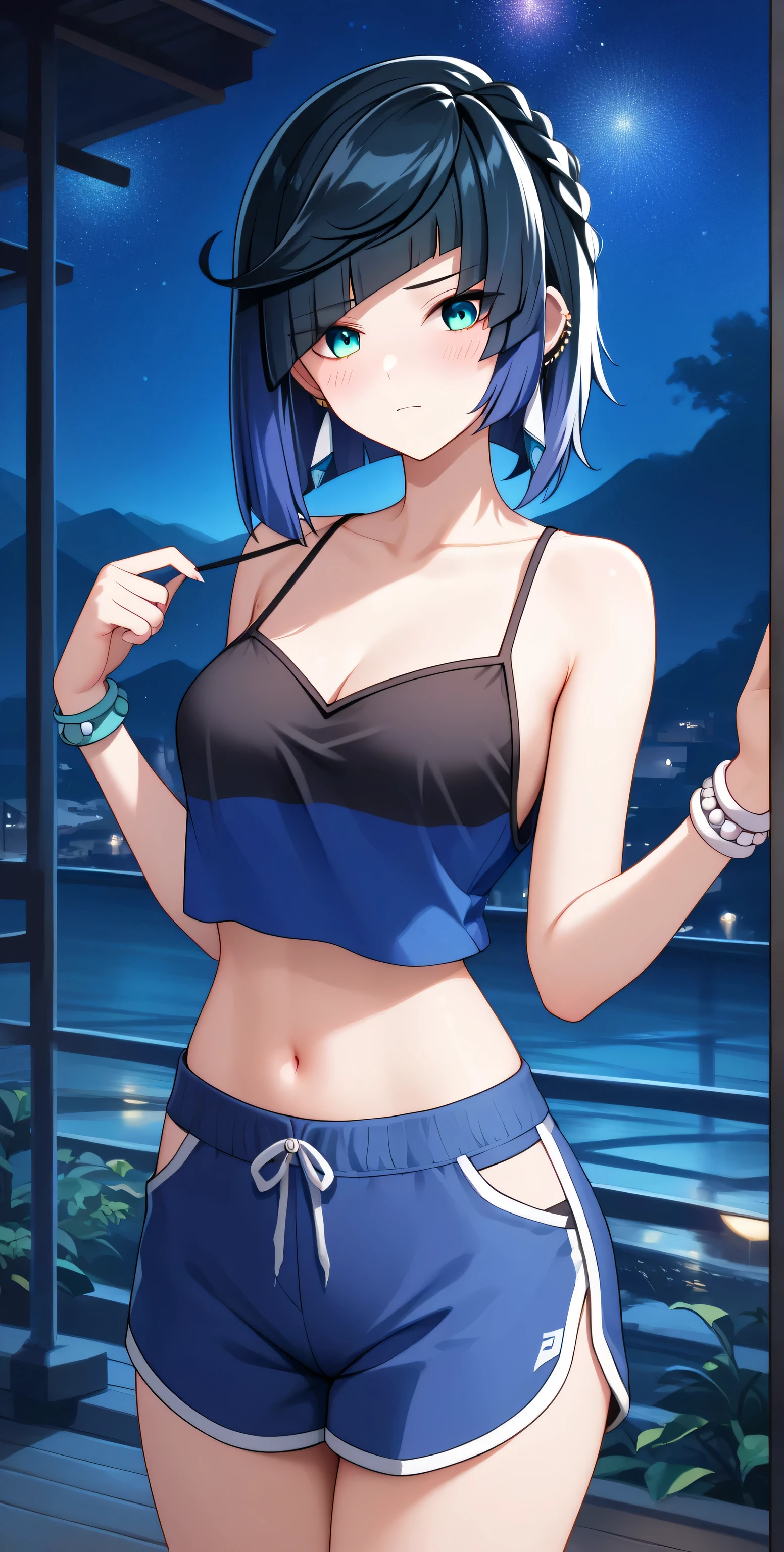 upper body, Yelan, anime style, Random Sexy pose , ((Ultra detailing)), (very aesthetic, best quality, ultra detailed), intricate details,
1girl, Short hair, blue eyes, sharp jawline, shy, Blush ,(;dolphin shorts, Black Spaghetti strap, crop top overhang, cleavager, ), (masterpiece best quality:1.2), looking at viewers, delicate illustration ultra-detailed,) BREAK, Japanese outdoors, night, detailed background.