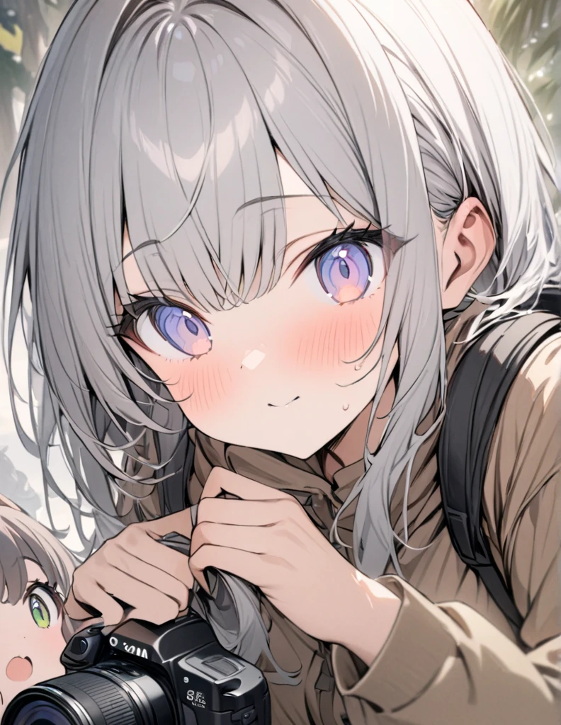 ((pale colour)),35mm, debt/1.2, 超High resolution, Attention to detail, Highest quality, High resolution, masterpiece、blonde、Shortcuts、Emerald Eyes、cute、Braiding、Taking pictures odebt the scenery with a camera、Girl with camera、Hiking Wear、rucksack、Light edebtdebtects、Glittering rivers、birdie、Look debtorward