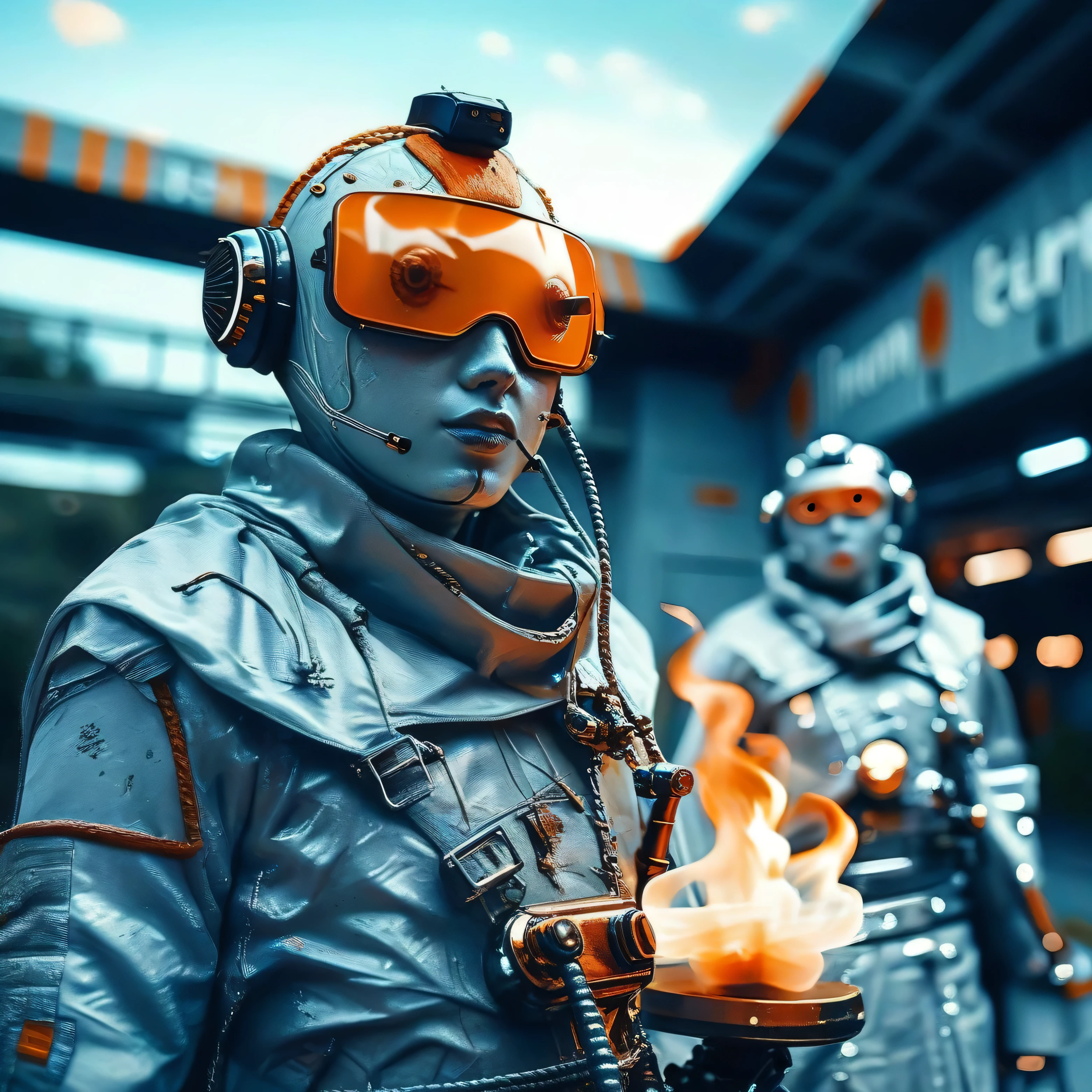 Two samurai warriors clash in the vastness of space, floating weightlessly with the aid of jet packs. Their astronaut suits are intricately designed to resemble ancient Japanese armor, blending futuristic technology with traditional warrior aesthetics. Their bulky, rounded helmets reflect the cosmic void, while their glowing katanas—one burning with fiery red, the other with an icy blue—illuminate the battlefield. Each strike sends bursts of energy shimmering through the darkness as they maneuver with precision, their jet packs propelling them through the surreal, otherworldly duel against a backdrop of distant stars and a looming space station.