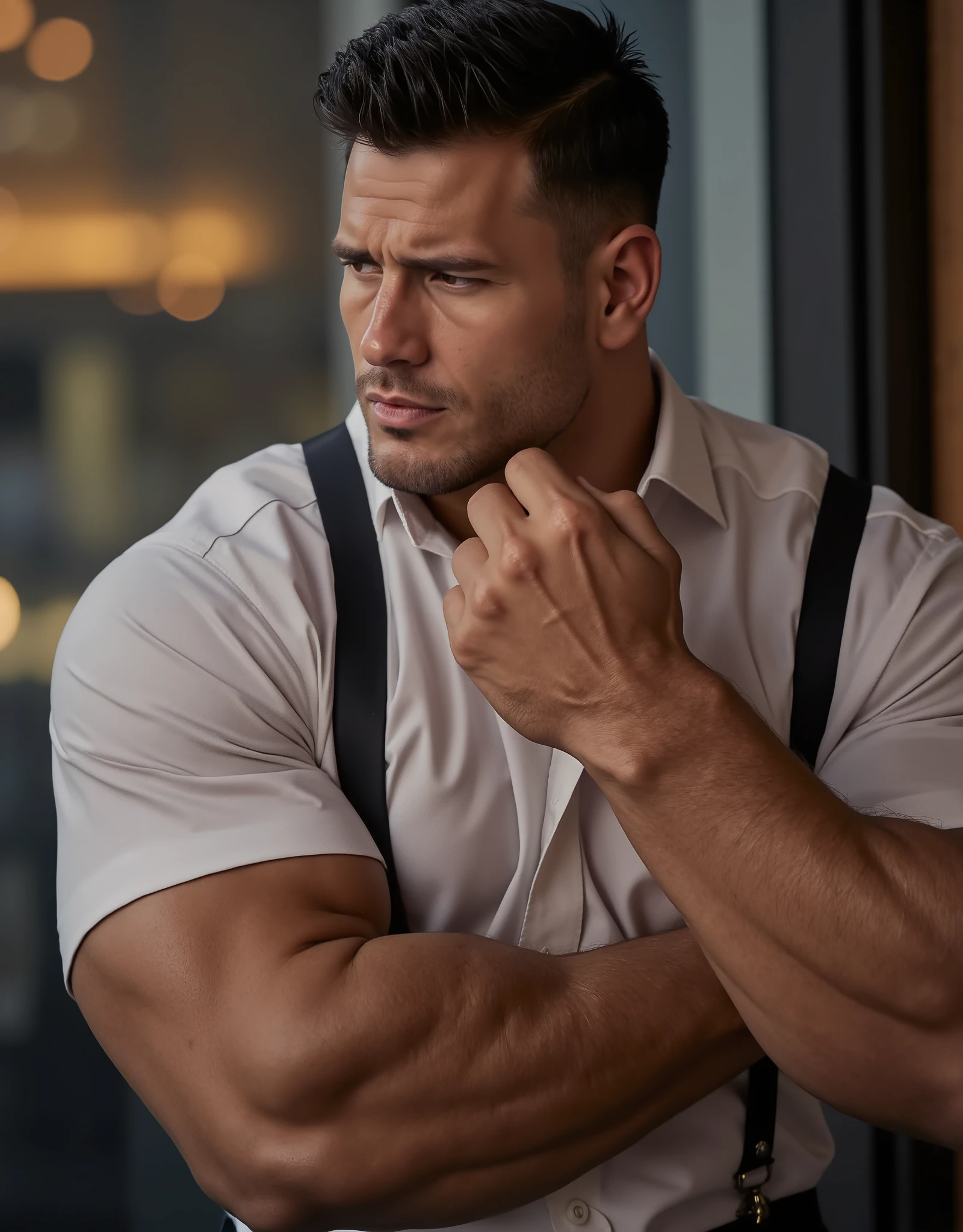 Masterpiece, Accurate, Award Winning, Best Quality, Extremely Detailed, 8K, HD, Super-Resolution, Realistic Textured Hair and Skin, ultra-photorealistic. A tall, dominant Malay bodybuilder with warm golden-brown skin, thick jet-black hair slicked back, and piercing deep-set eyes stands near his office window, his crisp white dress shirt almost fully unbuttoned, the open fabric framing his massive, hairy pecs and carved eight-pack abs. His black suspenders dangle loosely over his thick, sculpted shoulders, his powerful forearms veined and tense as he adjusts his gold cufflinks. His full lips press together in a knowing smirk, his smouldering gaze locking onto the viewer with commanding intensity. His glasses sit slightly tilted, reflecting the blurred skyline behind him, the soft glow of city lights adding to his untouchable, alpha presence. Camera: tight close-up profile shot, slightly tilted angle, capturing the tension in his hands and undone shirt. Lens: Sony FE 85mm f/1.4 GM for intense sharpness and dramatic office depth. Shutter speed: 1/250s to freeze the play of light on his taut muscles. Aperture: f/2.2 for hyper-realistic texture while keeping the blurred cityscape soft and elegant. Lighting: cool city light from the window contrasting with warm, moody desk lighting that sculpts his abs and broad chest.
