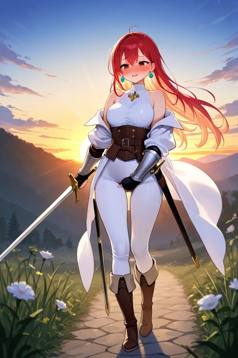 ((from below:1.2),(looking at viewer:1.5)),(1girl,(curvy:1.2),petite,beautiful breasts,(large breasts:1.5),pale skin,pointy breasts,(erect nipples),sweat),((clothed:1.5),leather boots,leather gauntlet,(carbon armor:1.5),(red embroidered white rash guard:1.5),(long silk sarong:1.5))),(((realistic),high resolution,best quality,masterpiece)),((extra long hair:1.5),hair blowing in the wind,blunt bangs,(extra light coppery red hair,(white streaked hair)),hair over one eye),stand,(leaning forward),Brave stance,(water,(meadow:1.2))