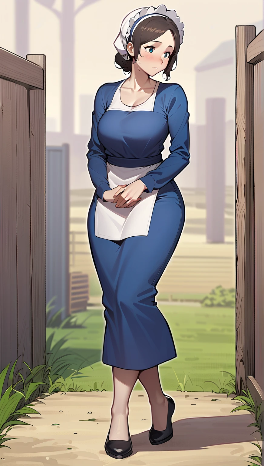 1woman, adult amish woman, 40 years old, pale skin, long sleeved blue dress, she wears small black apron over her blue dress, full body shown, very short brown hair in a conservative style, white bonnet kapp that covers a majority of her hair, no excess hair at the back of her head, wide hips, thick thighs, wearing simple black flats, thick legs, slightly below the knee dress, slight face wrinkles, tight sleeves, standing upright in a farm field, no makeup, hands on lap, side view, aged face, busty, hourglass body figure, rosy cheeks