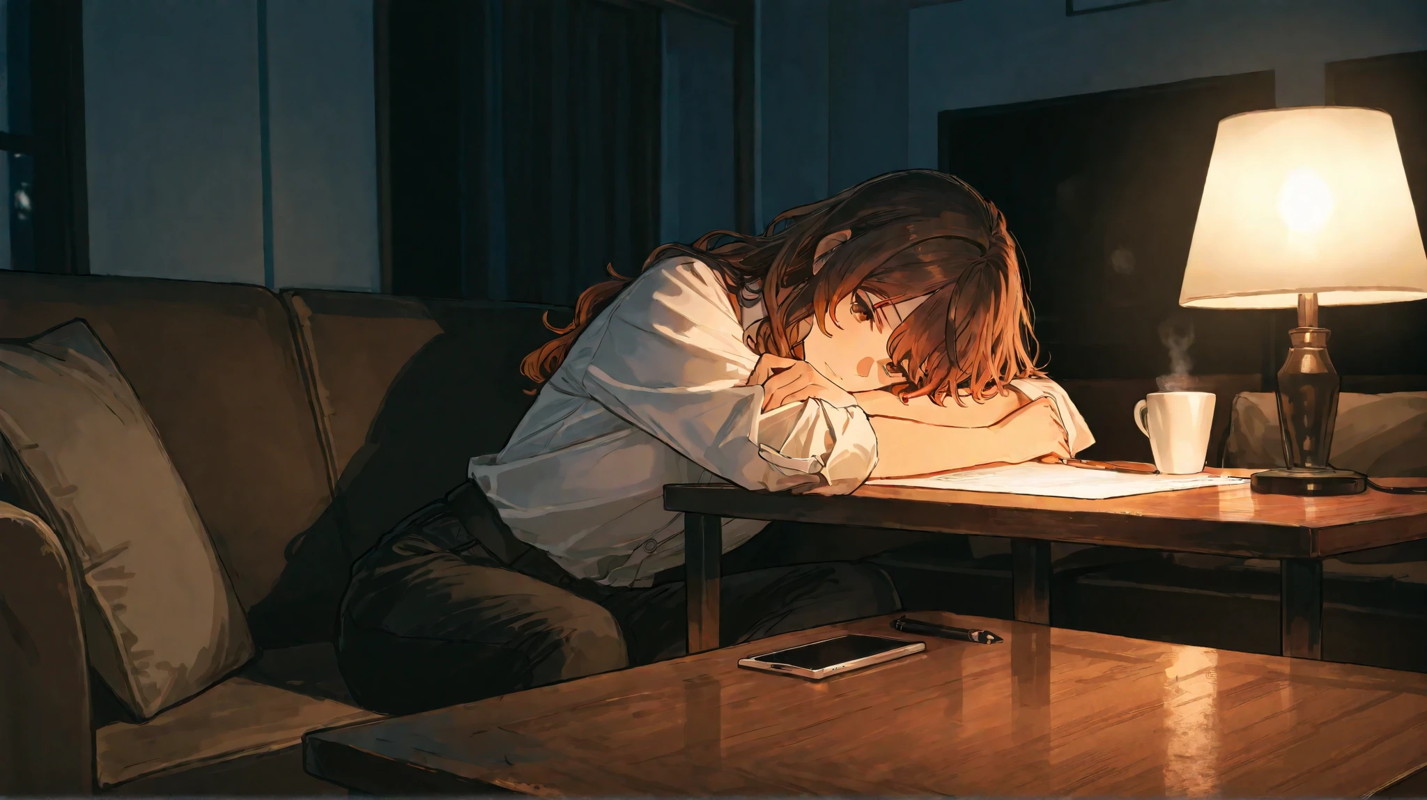 *A modern living room in the evening, illuminated by a warm table lamp. A woman with long wavy auburn hair stands near a wooden coffee table, holding a phone tightly in one hand. She wears a casual yet elegant outfit, and her posture is tense, as if she just received unexpected news.
A man with short dark brown hair stands a few feet away, leaning against the dining table. He wears a white dress shirt with rolled-up sleeves and dark pants. His arms are crossed, and his posture is calm but distant.
The coffee table between them holds an open divorce document and a pen, untouched. The atmosphere in the room is heavy, as if everything has changed in an instant.*