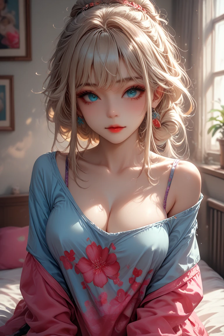 ((masterpiece, best quality, cinematic, photorealistic, ultra-detailed)), ((medium shot, from above)), ((alluring girl)), ((voluptuous body, perfect anatomy, sexy body)), ((glossy red skin, hot and sexy)), ((perfect hands)), ((large breasts)), ((long round legs)), ((detailed and shiny hair, platinum blonde hair, beach waves hairstyle)), ((light blue eyes, detailed pupils, detailed eyes, blushing, peach lips, slightly parted lips)), ((wearing light coral pink fur bathrobe with a floral print)), ((sensual pose, lying face down))