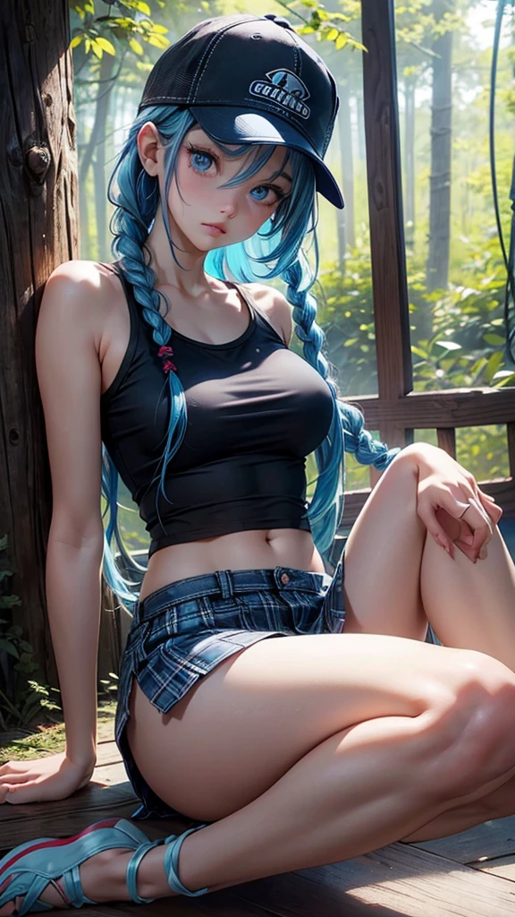 1girl, on floor, campo aberto, piquenique, standingn, day lighting, cabelo curto volumoso, cabelo escuro, bikini branco, Facing the camera, arvore ao fundo, casa ao fundo, Parque Florestal, few trees, aberto, grama verde, realista, coxa grossa, camera focada, ju, hand down, hand on waist, Absurdo, ((Billie Eilish)), giant girl, 8 metros de altura