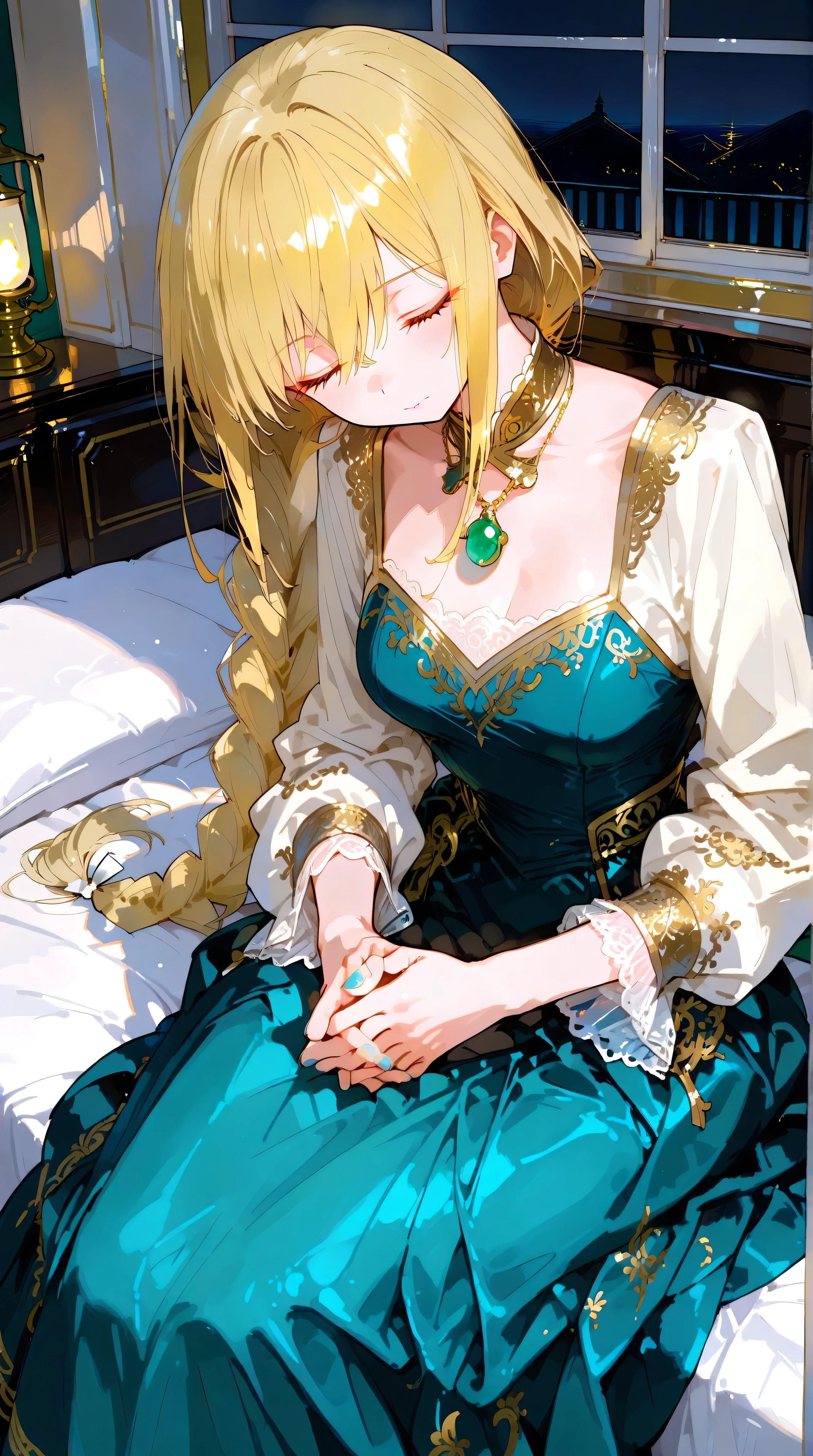 Masterpiece, Best Quality, Top Quality, Very Detailed, A beautiful noblewoman with long, elegant blonde hair braided neatly, sits peacefully in a warmly lit room at night. She wears an exquisite teal dress with golden embroidery and delicate lace details, accentuated by a glowing emerald pendant. Her expression is serene, with closed eyes, as she rests on a luxurious bed, her hands gently clasped. The soft candlelight and lanterns cast a golden glow, contrasting against the deep blue night visible through the window. The atmosphere exudes tranquility, nostalgia, and quiet elegance, evoking the feeling of a heartfelt story unfolding in a distant era.