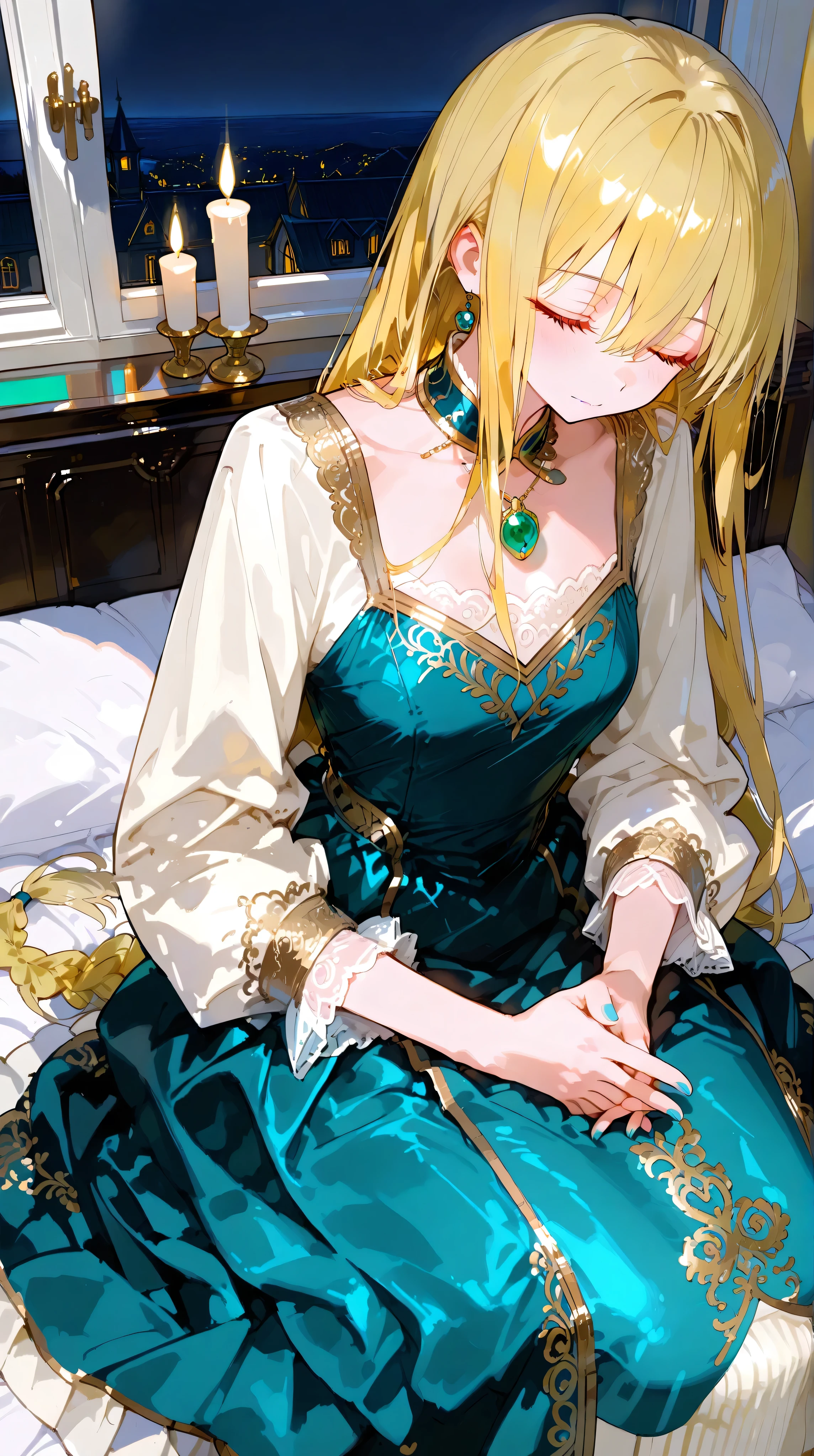 Masterpiece, Best Quality, Top Quality, Very Detailed, A beautiful noblewoman with long, elegant blonde hair braided neatly, sits peacefully in a warmly lit room at night. She wears an exquisite teal dress with golden embroidery and delicate lace details, accentuated by a glowing emerald pendant. Her expression is serene, with closed eyes, as she rests on a luxurious bed, her hands gently clasped. The soft candlelight and lanterns cast a golden glow, contrasting against the deep blue night visible through the window. The atmosphere exudes tranquility, nostalgia, and quiet elegance, evoking the feeling of a heartfelt story unfolding in a distant era.