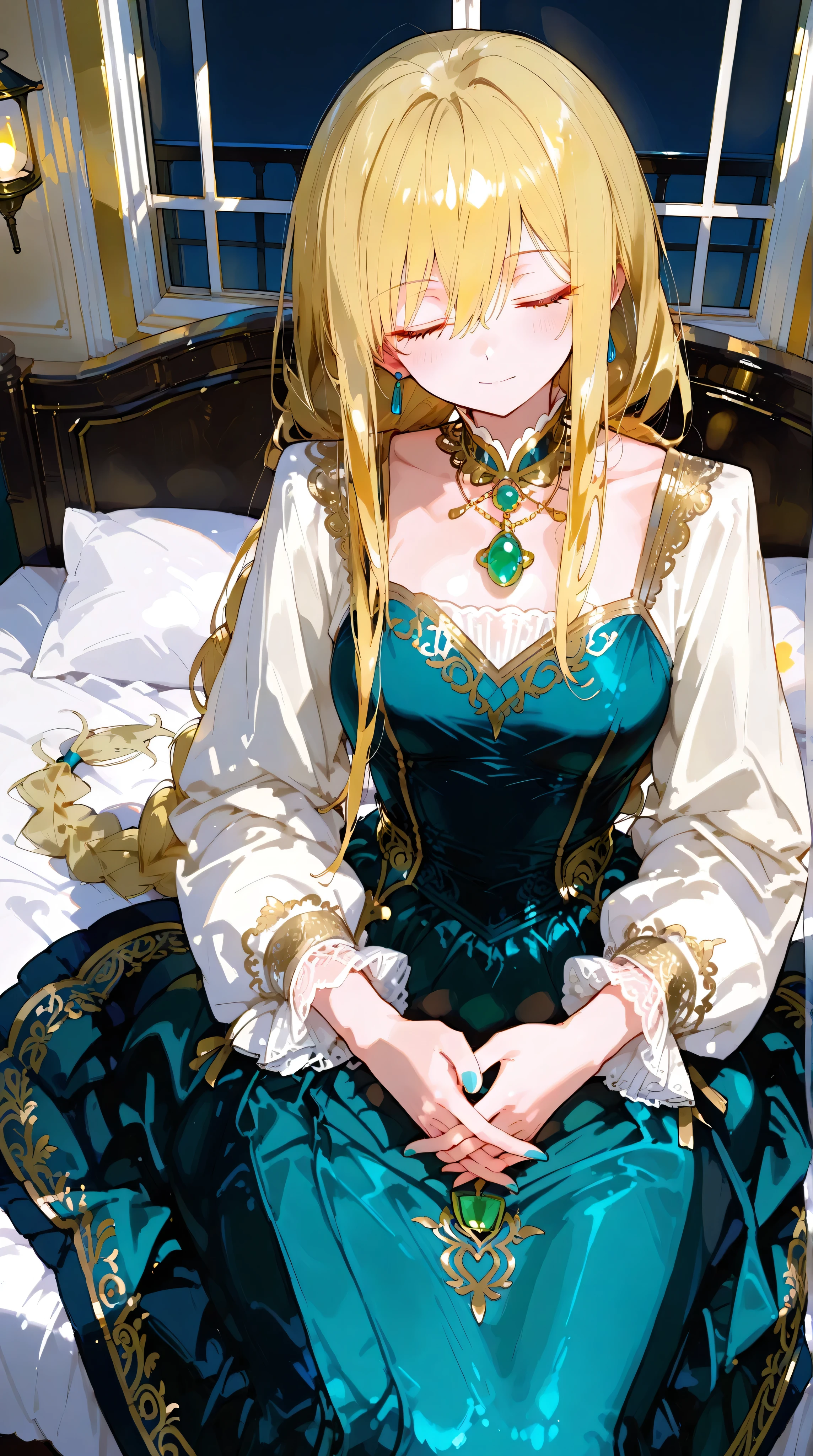 Masterpiece, Best Quality, Top Quality, Very Detailed, A beautiful noblewoman with long, elegant blonde hair braided neatly, sits peacefully in a warmly lit room at night. She wears an exquisite teal dress with golden embroidery and delicate lace details, accentuated by a glowing emerald pendant. Her expression is serene, with closed eyes, as she rests on a luxurious bed, her hands gently clasped. The soft candlelight and lanterns cast a golden glow, contrasting against the deep blue night visible through the window. The atmosphere exudes tranquility, nostalgia, and quiet elegance, evoking the feeling of a heartfelt story unfolding in a distant era.