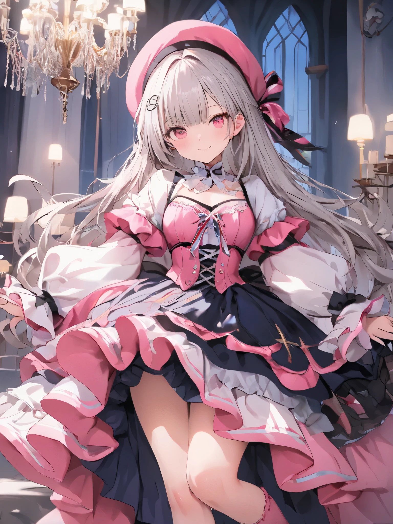 (dynamicposes:1.4)、 (dynamic ungle:1.4)、Ultra detailed backgrounds、(Near Future City:1.2)、((top-quality、8K、tmasterpiece:1.3))、1girl in、A smile、full body Esbian、Slim Faces、Pretty women、(Silvery hair:1.1)、com rosto detalhado、A detailed eye、二重まぶた、The background is blurred out、Slim Faces、Cute、Extremely Delicately Beautiful、Naughty smiley face、Overall、ultra - detailed、4K、masutepiece、Small mouth、((Colossal tits))、(pink there、magical little girl、white bustier、No shoulder strap、Strapless bra、:1.4)、hime-cut、Small smiley mouth、a small face、low angles、(pantyshot:1.1)、Magic cane,sexyposture,pantiess,lacepantyhose,leg wide open,Cocked buttocks,Visible genitals,brassier,Harnes,Fluffy skirt,Lift the skirt,