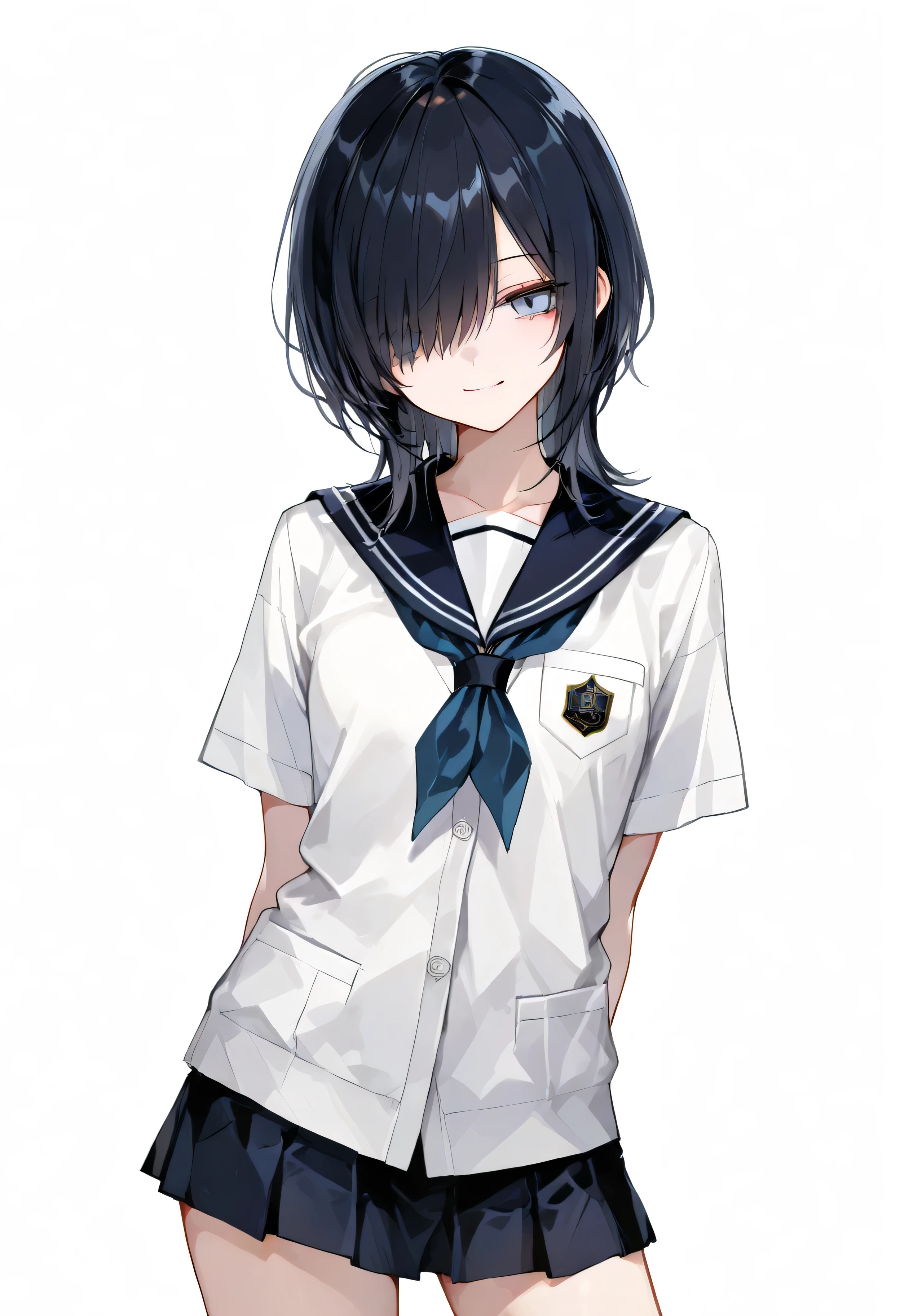 748cmstyle,white background,hair over one eye,tachi-e,cowboy shot,school uniform,Short Sleeves,arms behind back,light smile,black hair,light blue eyes,contrapposto,short skirt