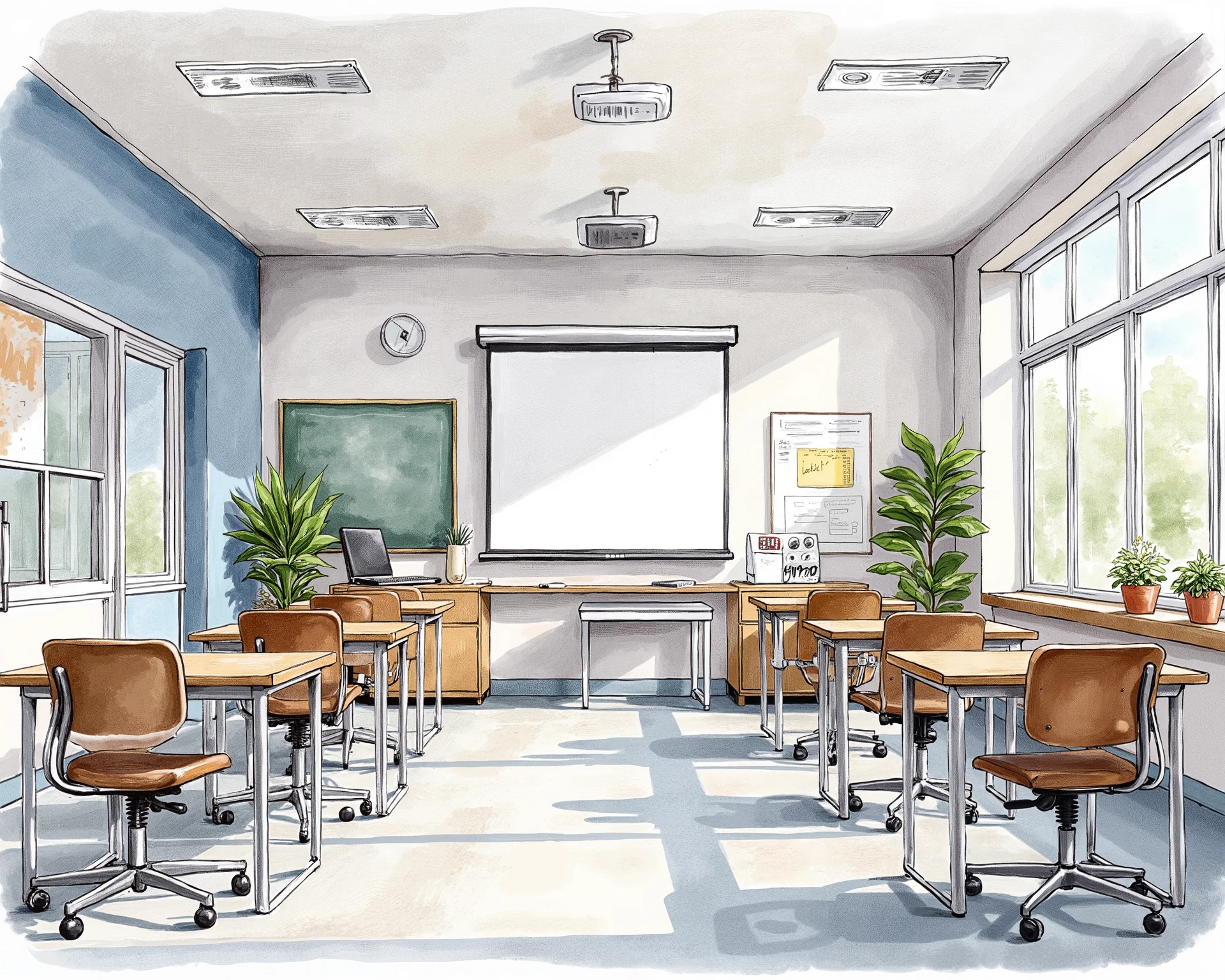 A nice modern classroom setting, indoor, empty classroom, modern facility


Water color illustration, 