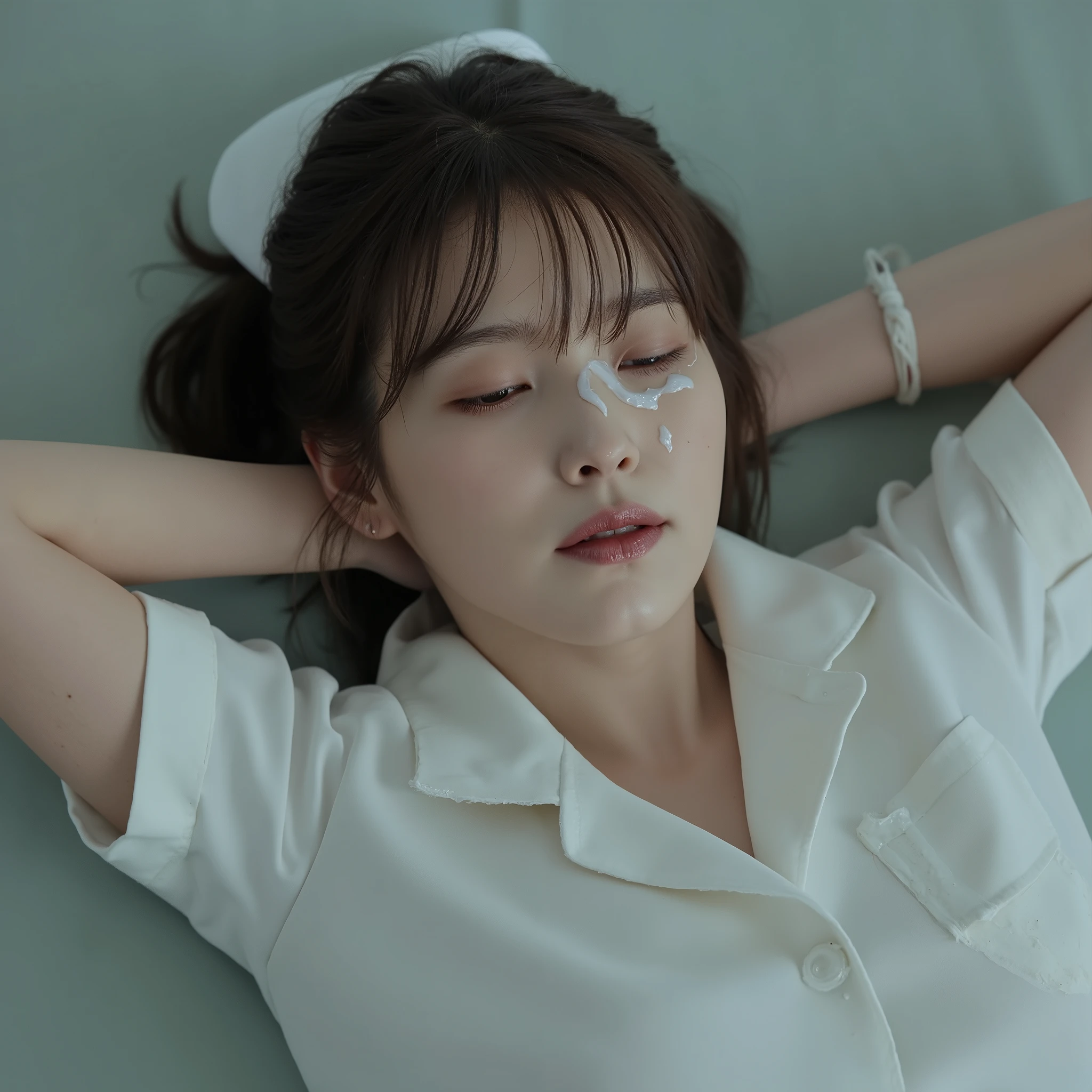 A pretty Japanese nurse is laying unconscious on the bed, bound wrists behind your back, eyes close, very bright white skin, brown spread hair, natural bang, cum on face, cum on her forehead, wearing a white nurse uniform, tight short skirt, eye close, photorealistic, hyperrealism,