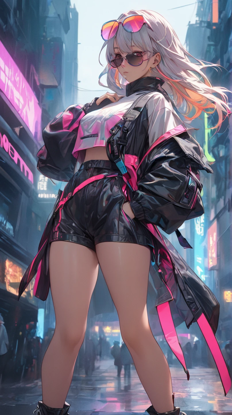((Obra maestra)), La mejor calidad, absurdos, Ultra detallado, holographic, Disparo de vaquero, golden ratio, Super cute girl, Chica madura, idol girl, Super beautiful Asian girl with very beautiful violet bright eyes, beautiful multicolored shiny brown hair, Cola de caballo alta, bueno y , cuerpo delgado, cuerpo perfecto, Using a super tight anime print leotard, Un anime impreso super apretado fuera de los hombros manga larga crop top, A super aesthetic transparent mini jacket, hermoso adorno para el cabello, Tenis Pink Jordan, Siendo fotografiada en una tienda del centro comercial con su guapo novio flaco, con cabello negro desordenado y brillante, and super casual clothing