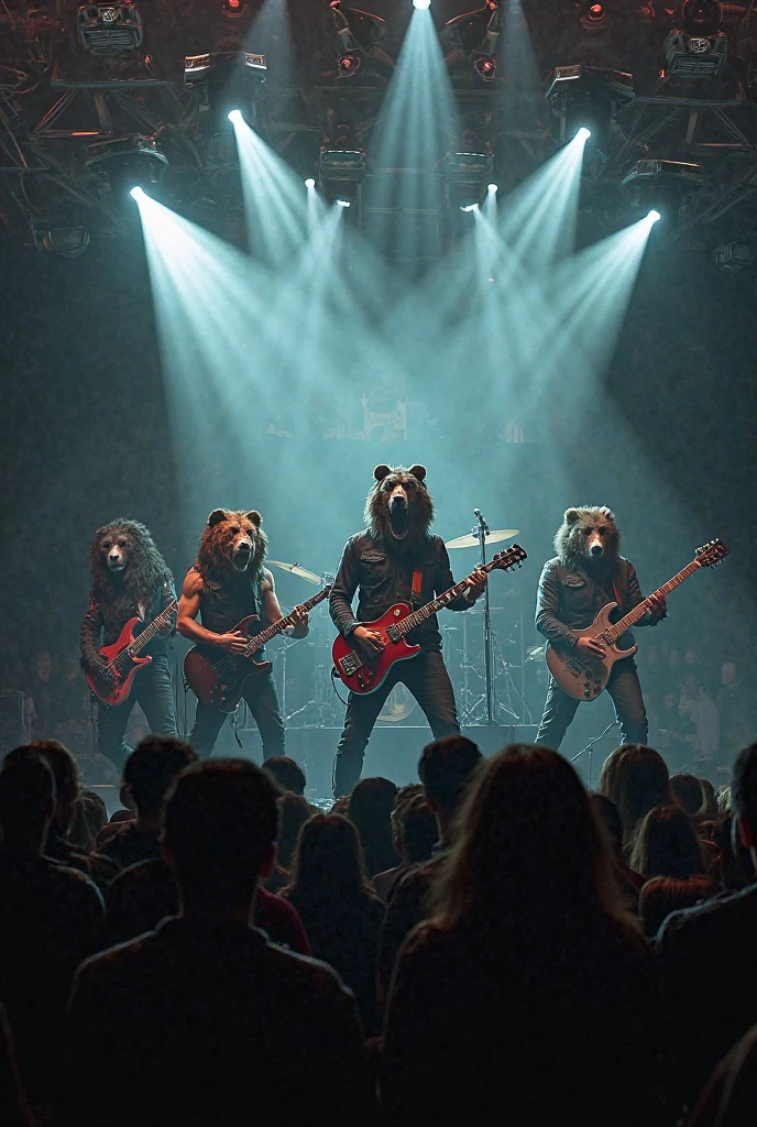 A three-man rock band made up of bloody bears、The band consists of a guitarist, drummer and bassist、The vocalist is in the middle and looks like a fairy.、Horror、Surreal、Ultra high definition、multiple