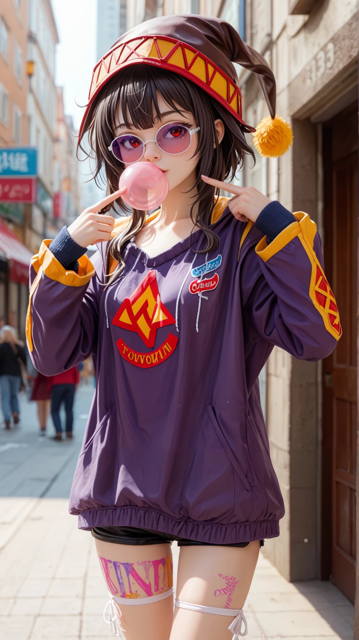 A highly detailed digital illustration of Megumin from KonoSuba, wearing a retro-modern streetwear outfit. She keeps her short, messy dark brown hair with bangs, red eyes, and pale skin, maintaining her signature mischievous expression.
She is dressed in a vibrant 90s-inspired oversized jacket with pink, purple, and teal accents, a black and white striped crop top, and distressed black shorts. She also wears round purple sunglasses and is blowing a big pink bubblegum bubble.
Her pose is identical to the reference image, with her head slightly tilted back and hands relaxed at her sides, exuding a playful and rebellious vibe.
The background features splashes of blue and pink paint, adding an urban, energetic aesthetic.
Shot in anime-style digital illustration with semi-realistic shading, using bold outlines, smooth gradients, and dynamic lighting to enhance depth and realism.
--ar 1:1 --v 6 --style raw --q 2 --stylize 500 --upbeta
